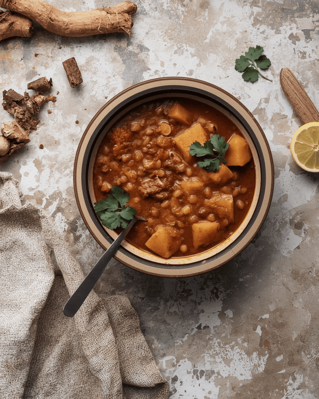Curry de lentilles corail avec patate douce et lait de coco dans un bol.