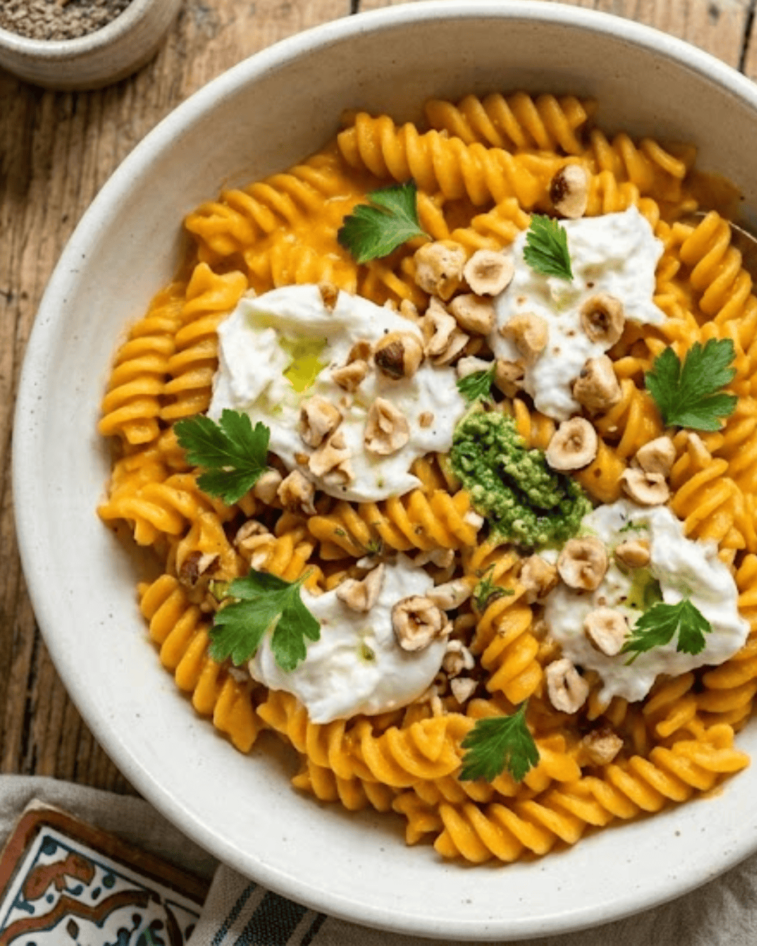 Torsades à la crème de carottes, noisettes et burrata