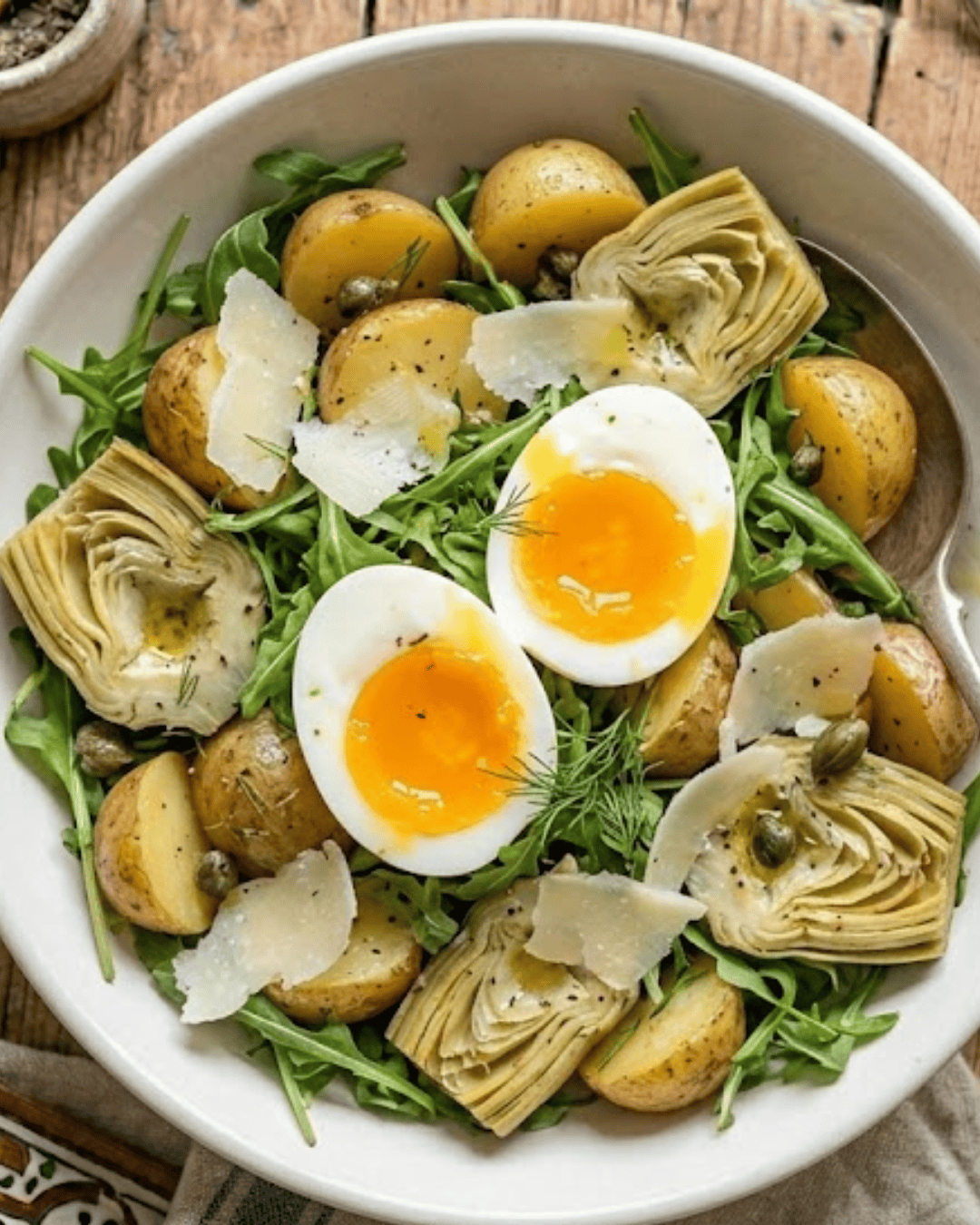 Salade tiède pommes de terre, oeufs mollets, artichauts et parmesan