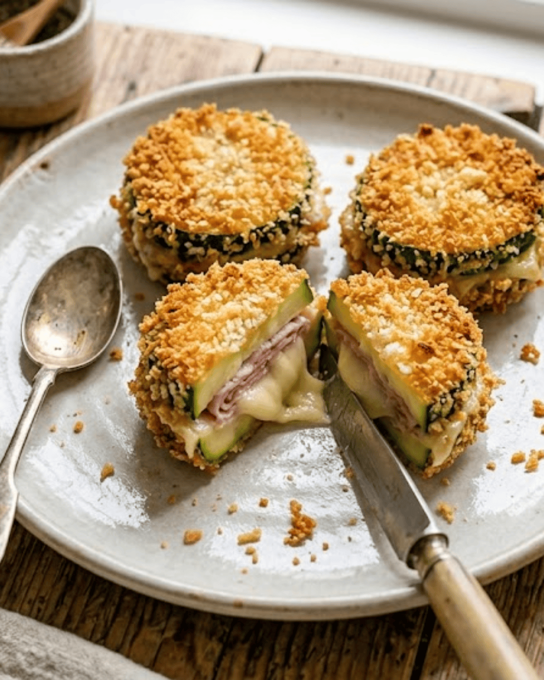 Mini cordons bleus de courgettes panés avec fromage fondant.