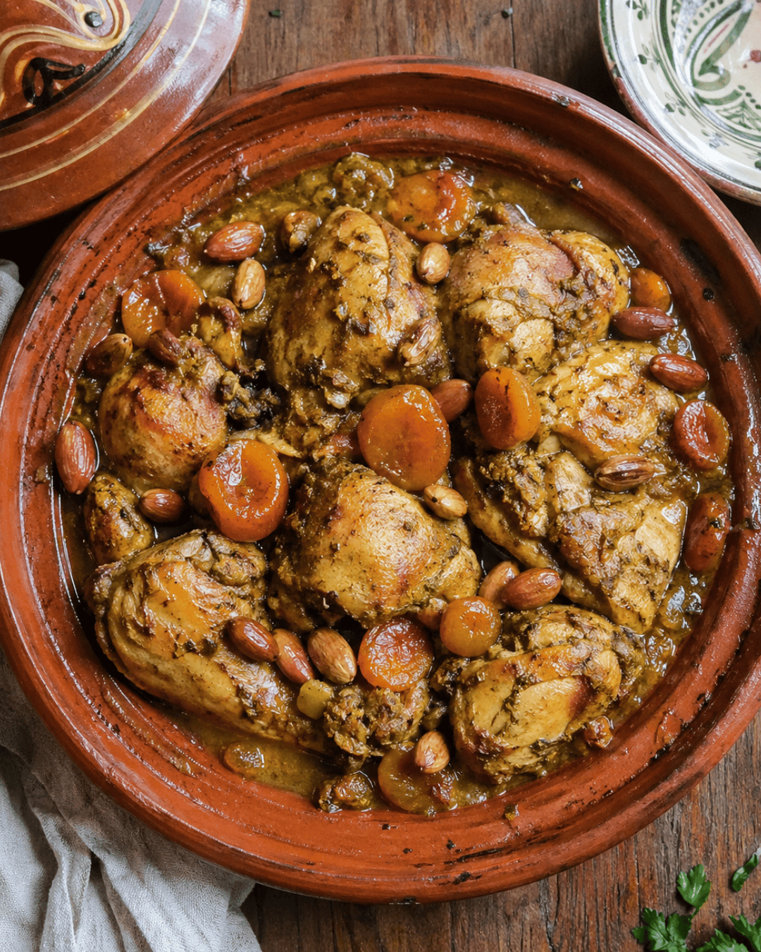 Tajine de poulet aux abricots secs et amandes servi chaud.