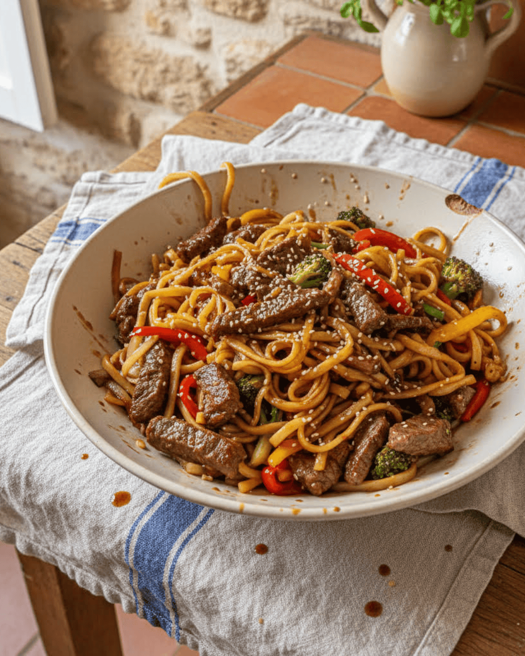Wok de boeuf aux nouilles et légumes croquants 