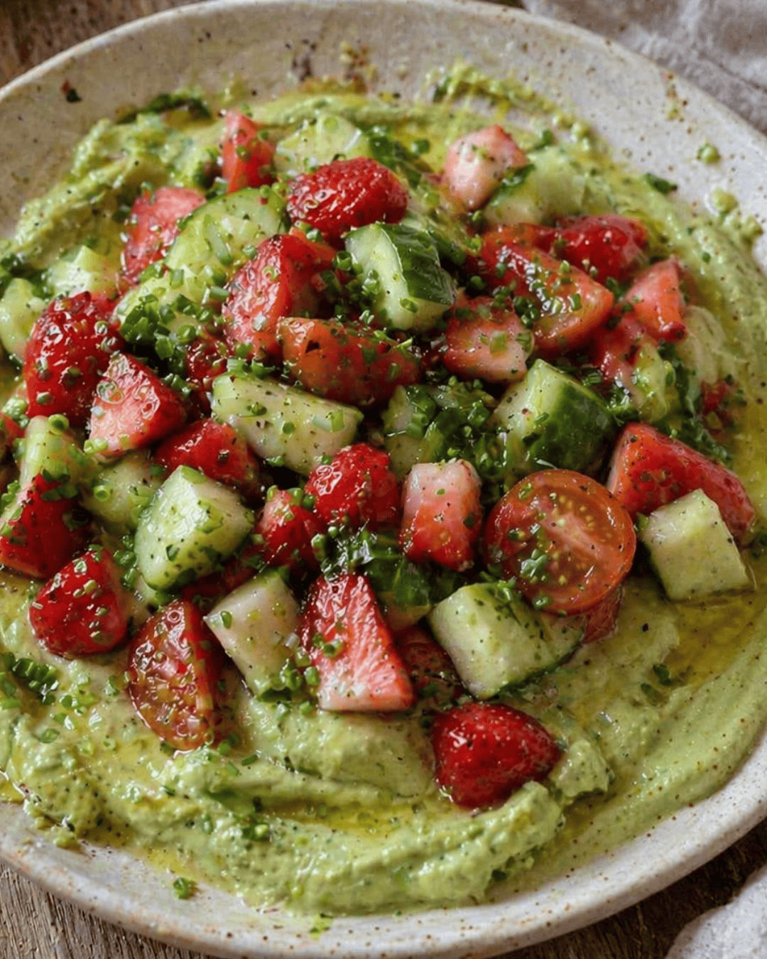 Salade fraîche fraises concombre et crème d’avocat