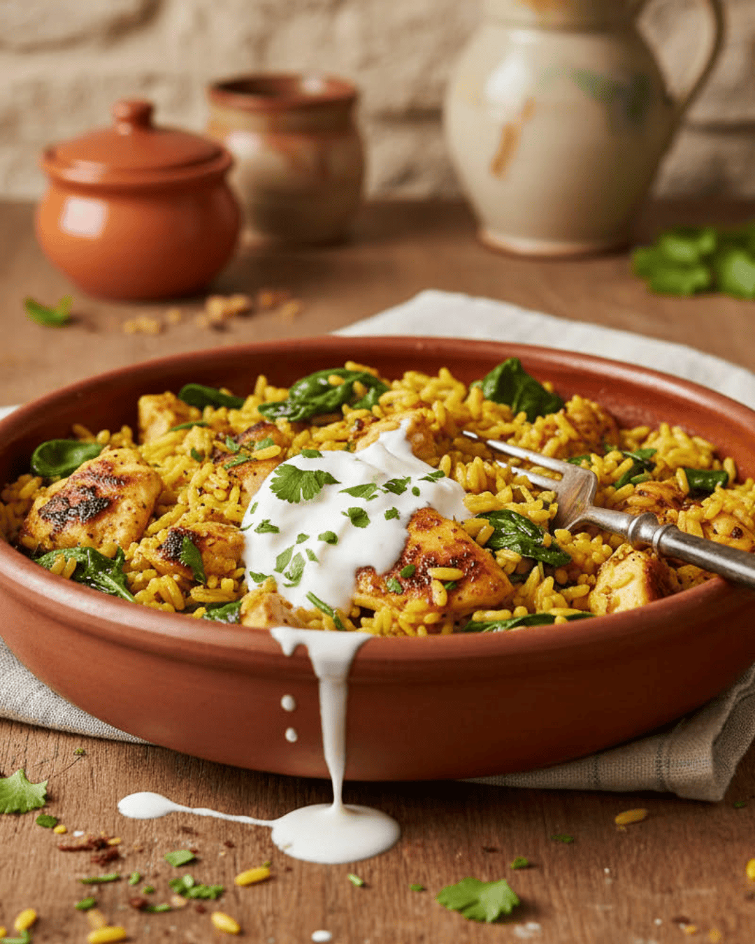Riz épicé au poulet, épinards et sauce au yaourt 