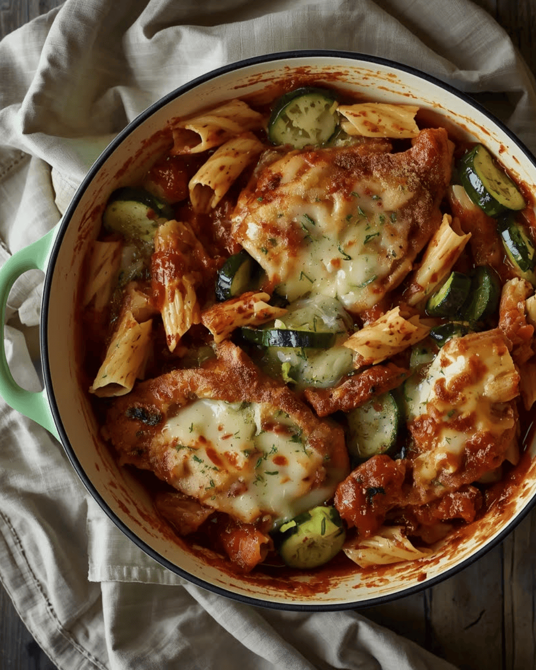 Gratin de pâtes au poulet, courgettes et basilic