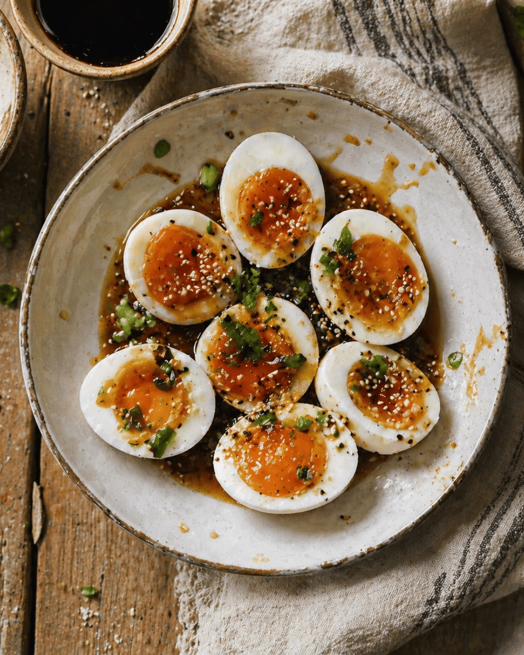 Œufs mollets avec sauce soja au sésame et herbes fraîches.