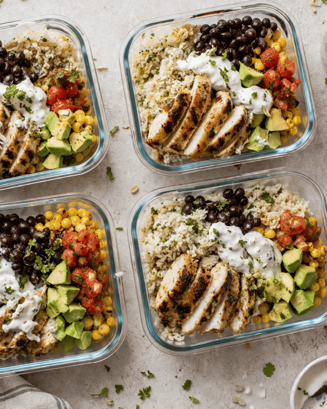 Lunch box mexicaine avec poulet, riz, avocat et haricots noirs.