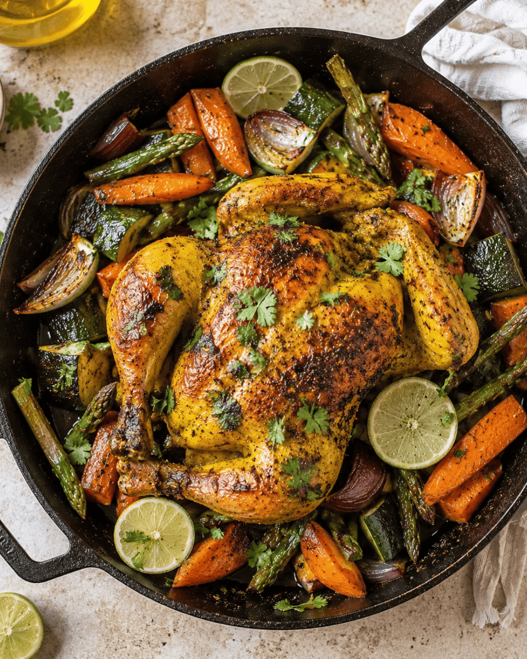 Poulet rôti au curcuma avec légumes fondants et citron vert.