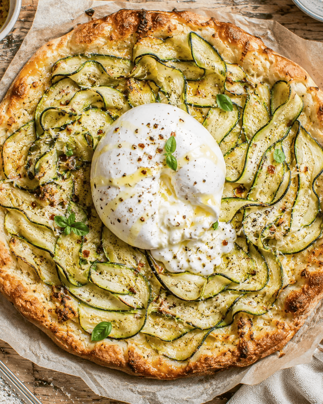 Tarte fine croustillante aux courgettes avec burrata et basilic frais.
