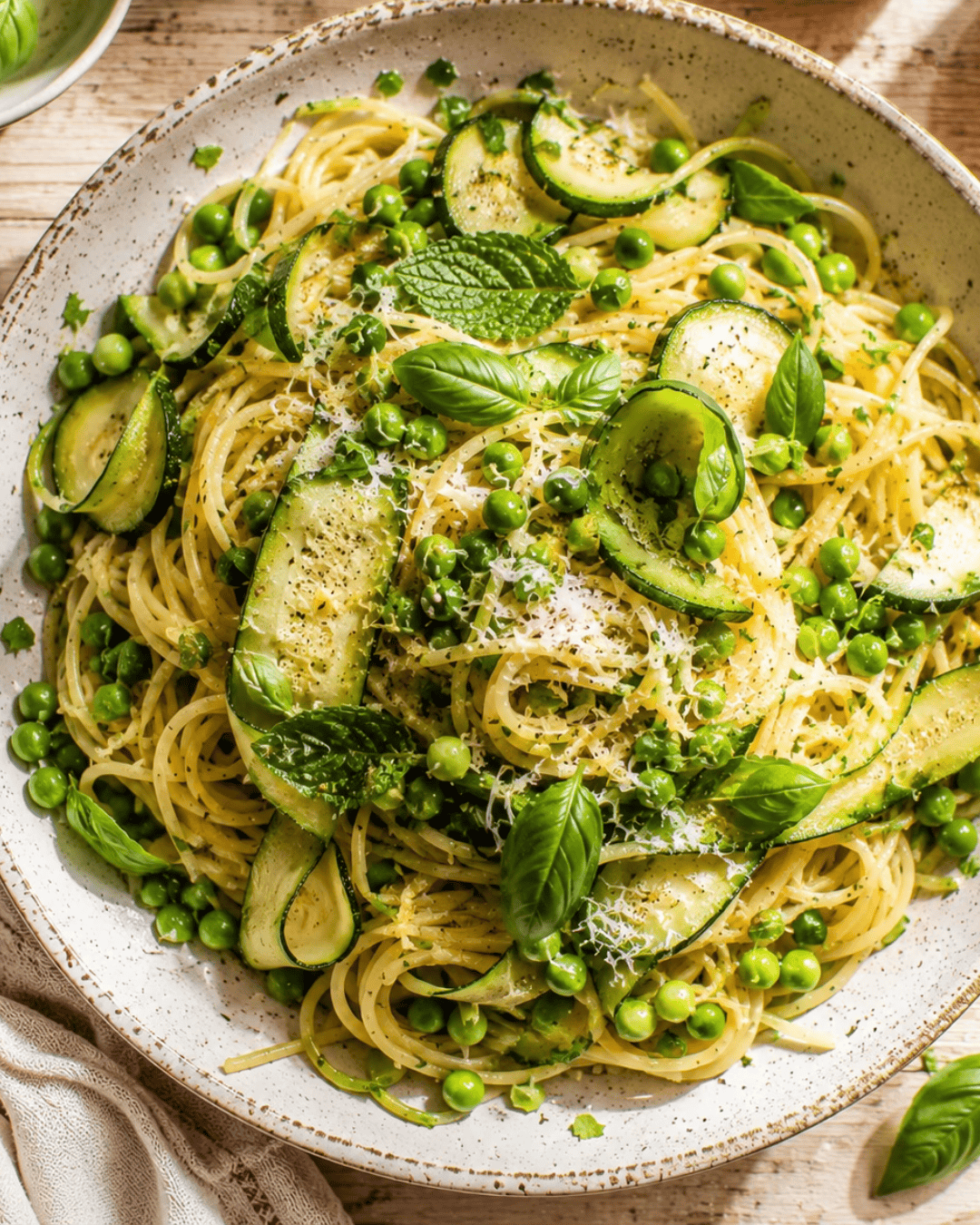 Spaghettis printaniers aux courgettes, petits pois et herbes fraîches.