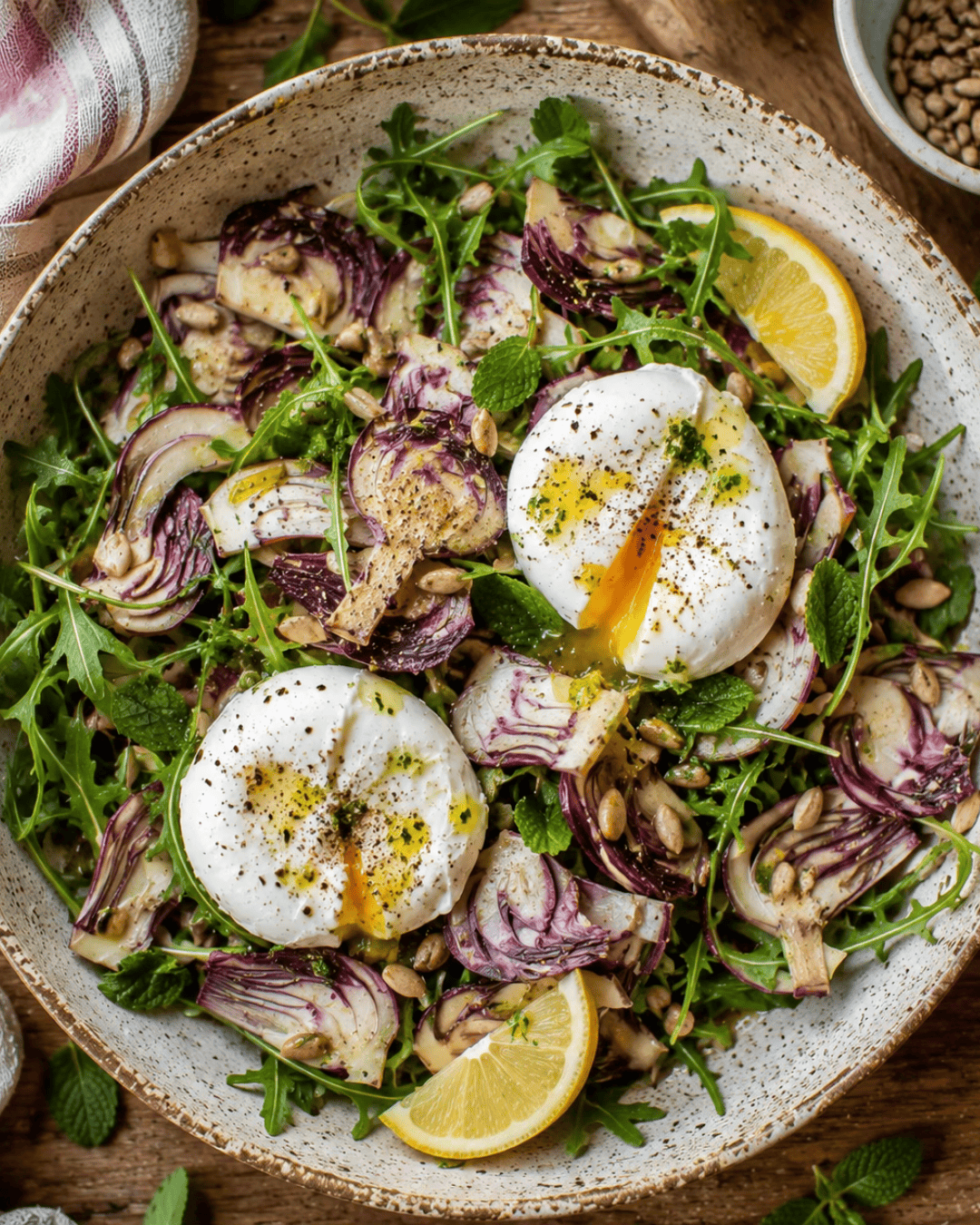 Salade de roquette avec artichauts crus citronnés et œufs pochés.