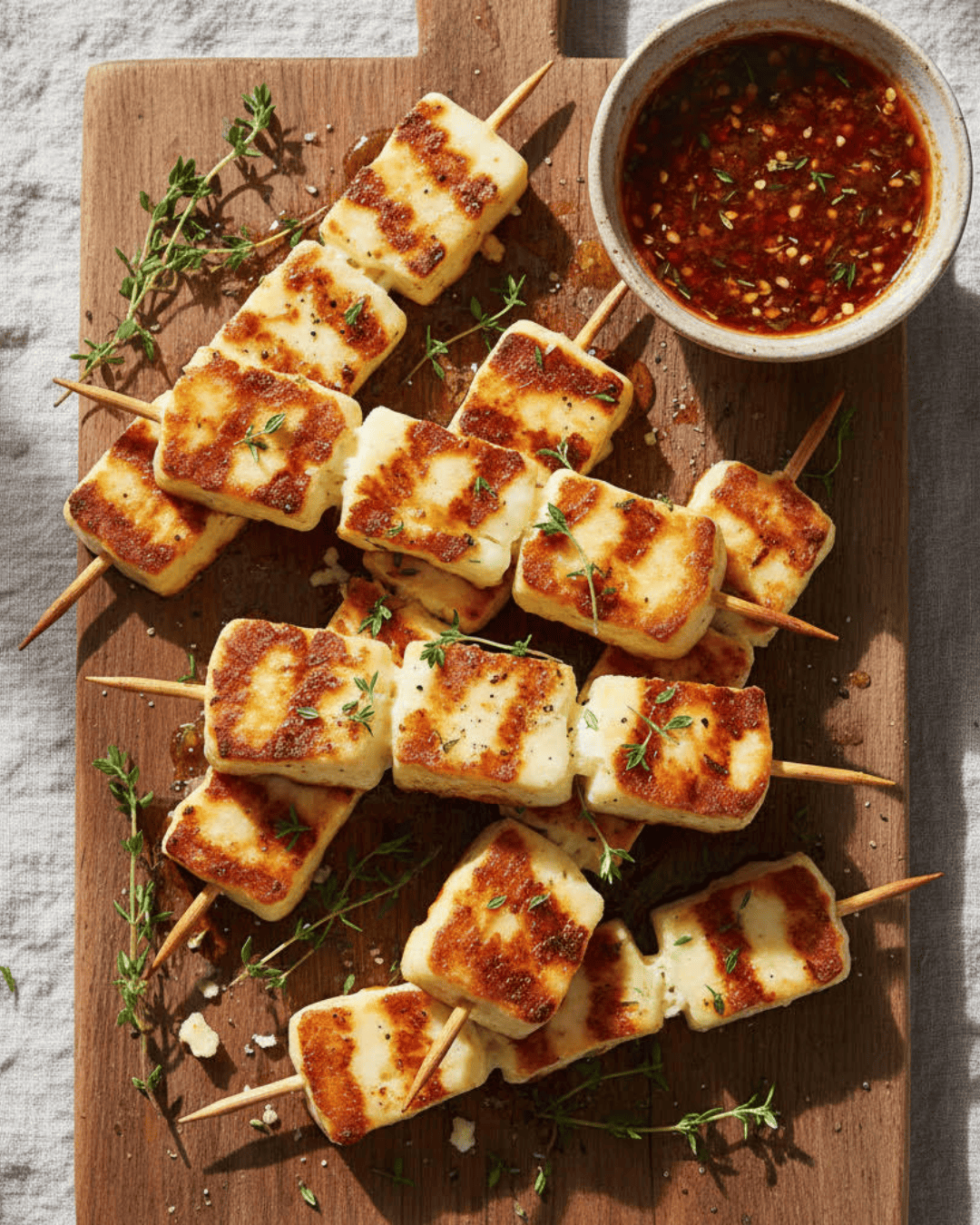Brochettes de halloumi grillé doré avec herbes et citron.