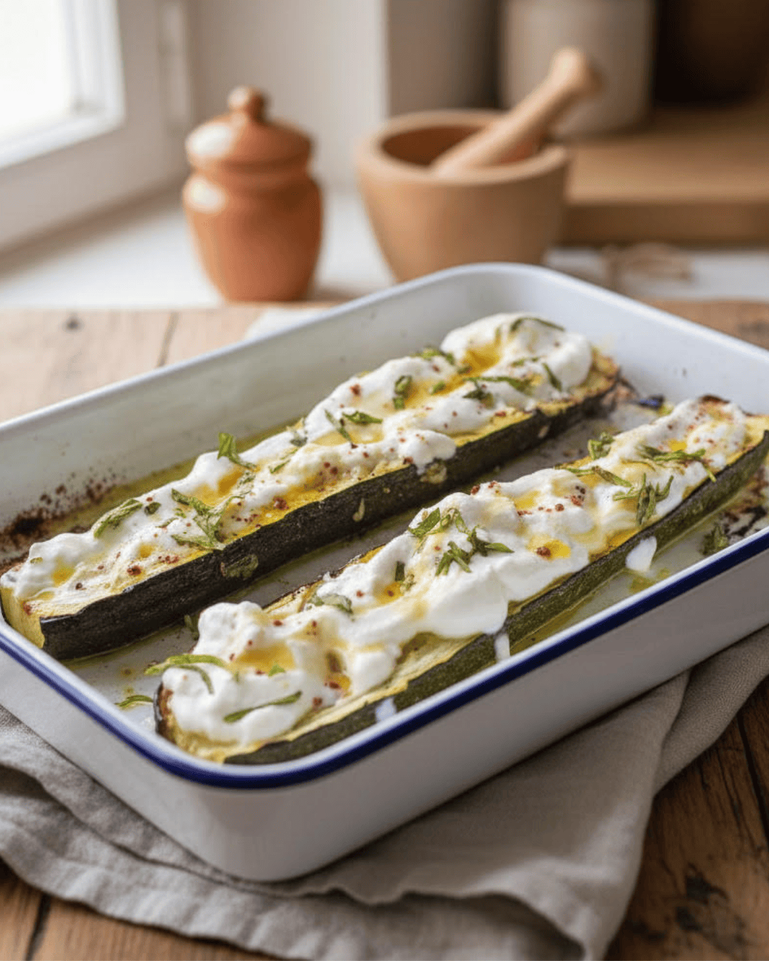 Courgettes rôties au four avec sauce yaourt citronnée et basilic frais.