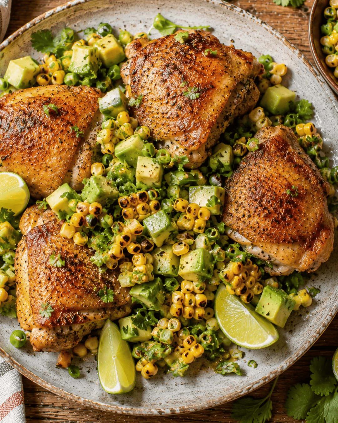 Cuisses de poulet rôties croustillantes avec salsa maïs avocat et coriandre.