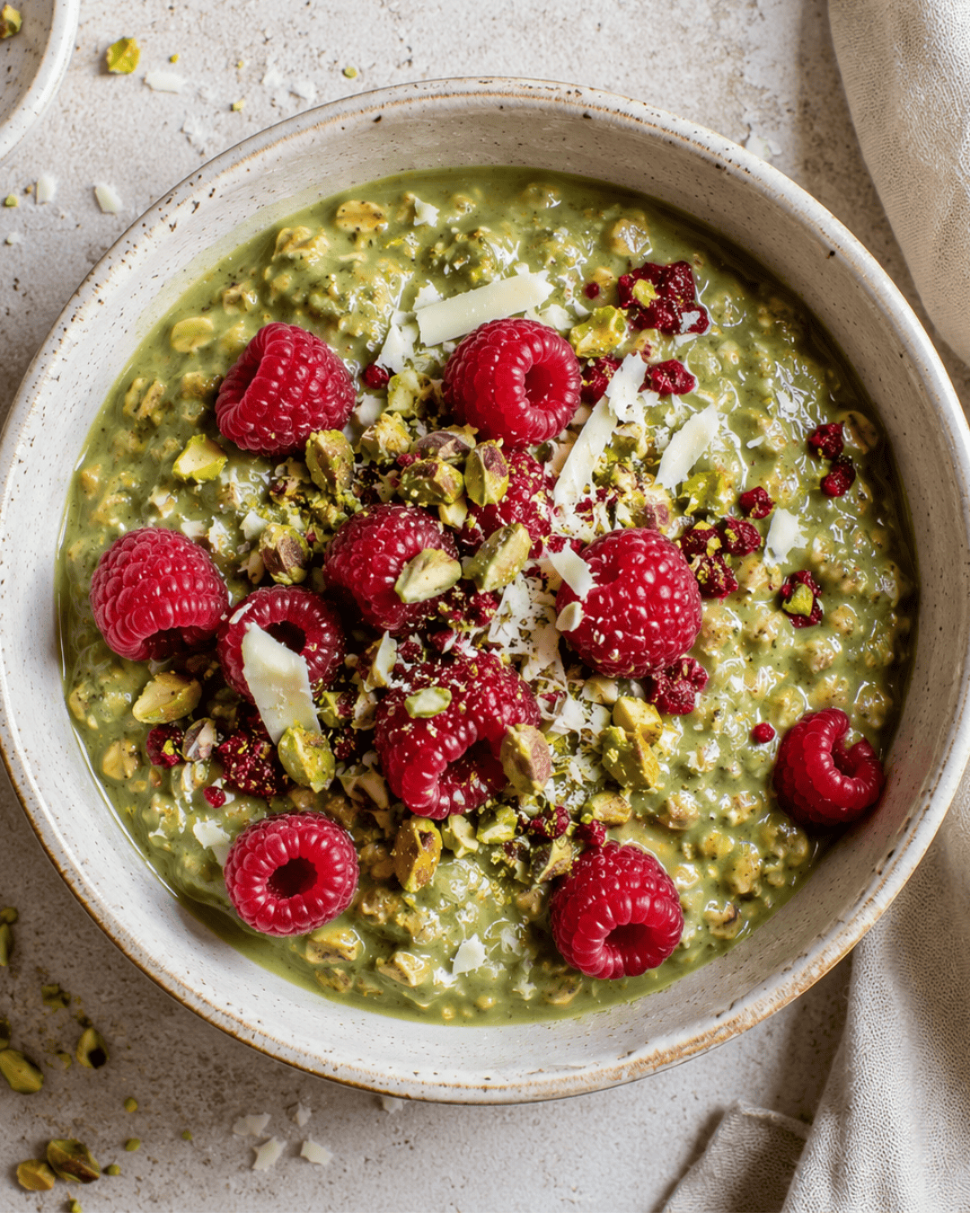 Overnight oats matcha, framboises et pistaches