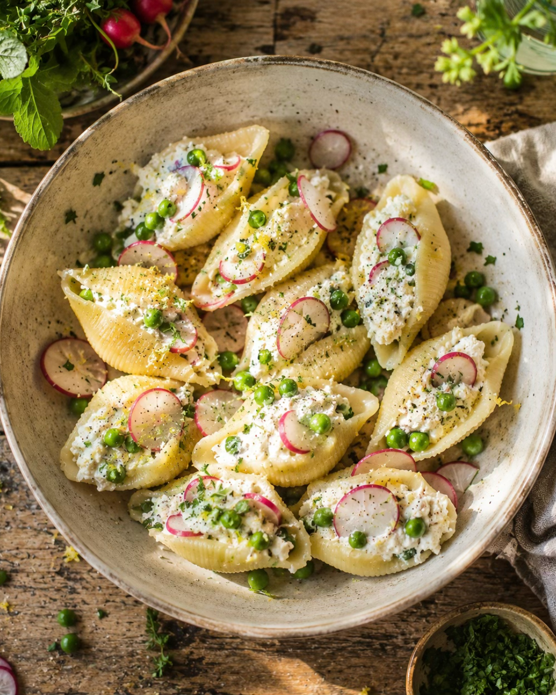 Conchiglionis farcis ricotta, radis et petits pois 
