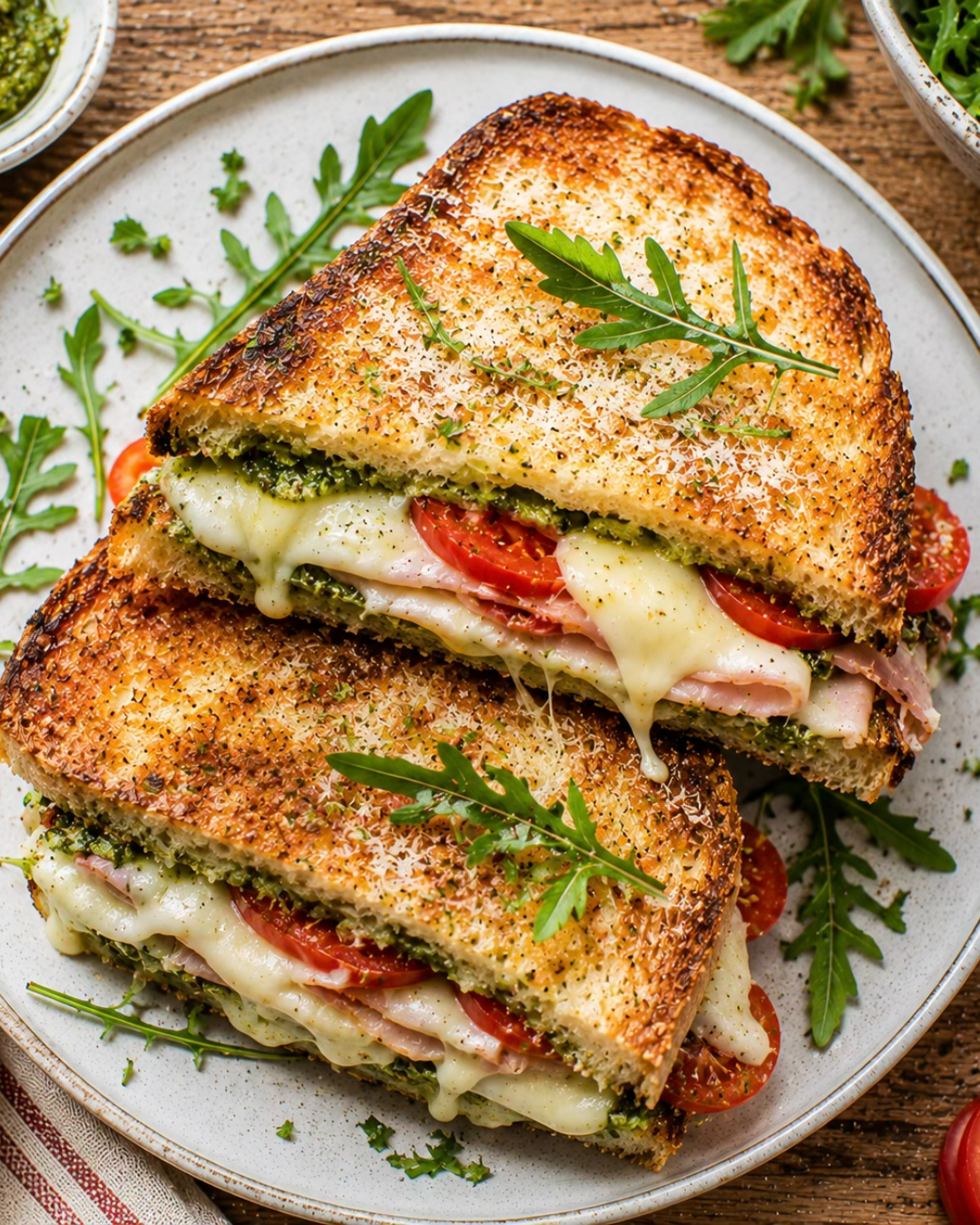 Croque italien gratiné au pesto avec mozzarella fondante et tomates fraîches.