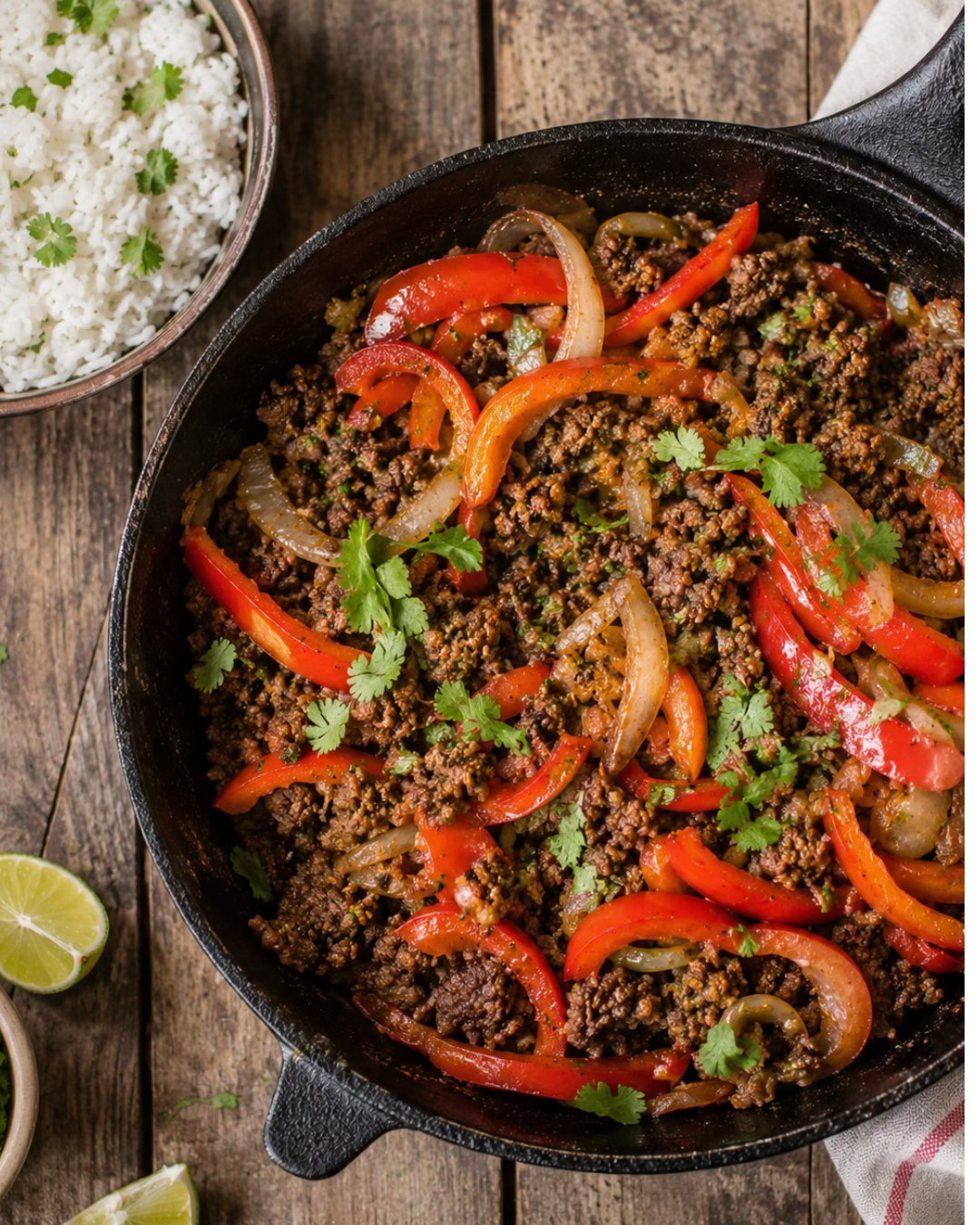 Émincé de bœuf façon fajitas avec poivrons rouges et riz basmati.
