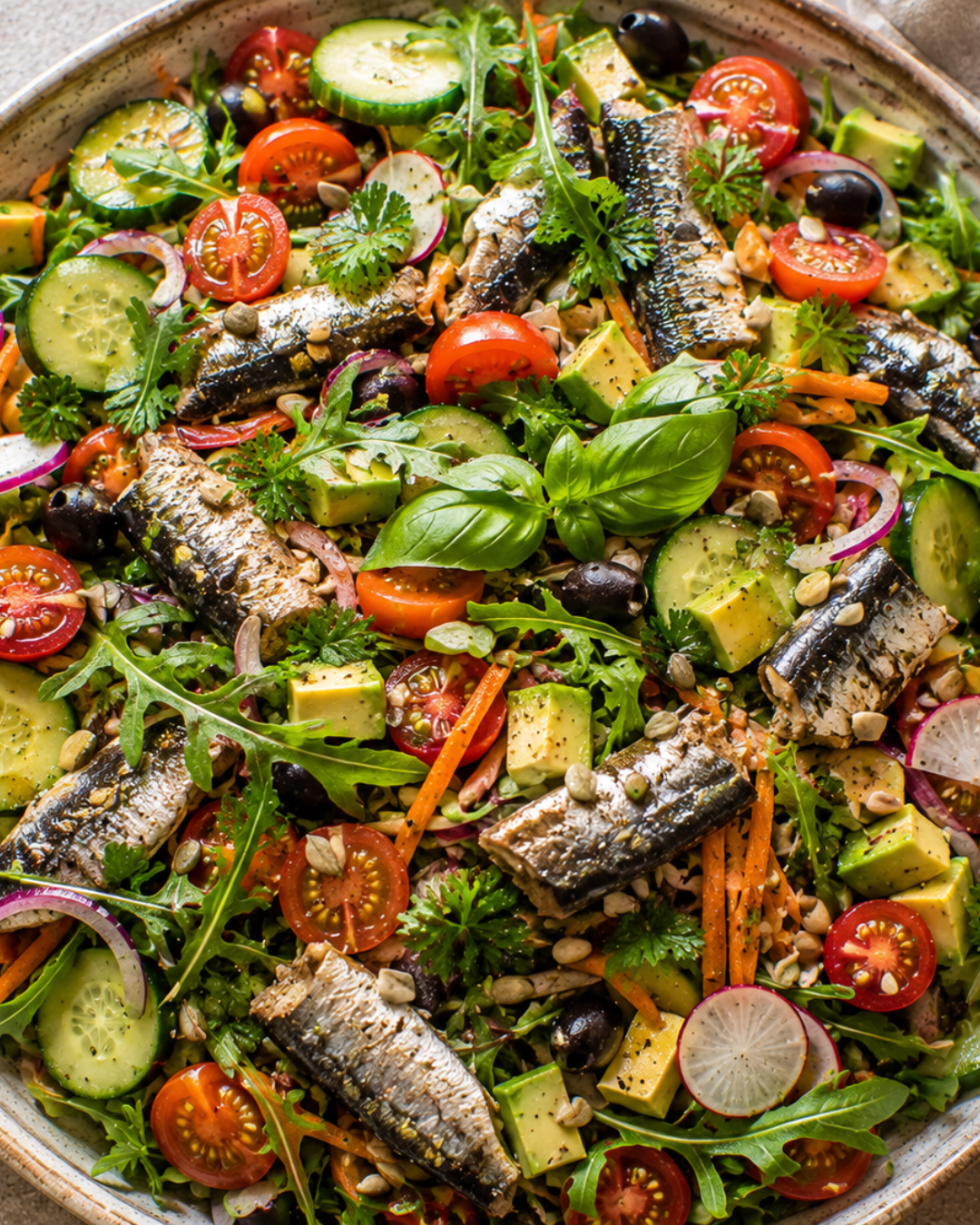 Grande salade croquante aux sardines avec avocat, crudités et olives noires.