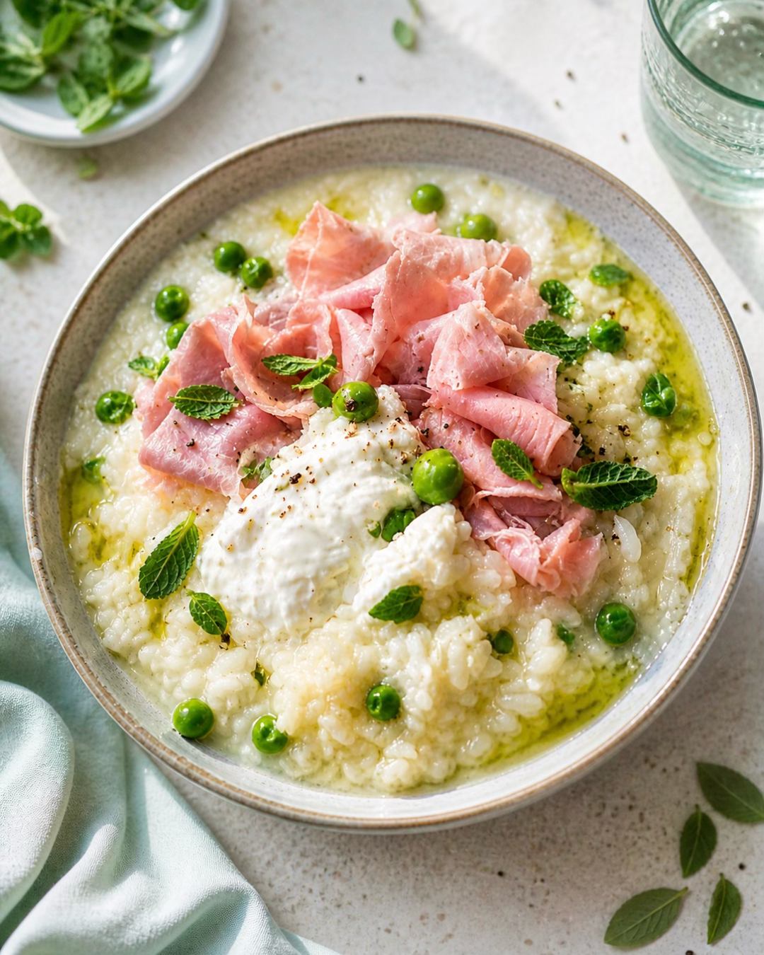Risotto crémeux aux petits pois avec mozzarella fondante et jambon.