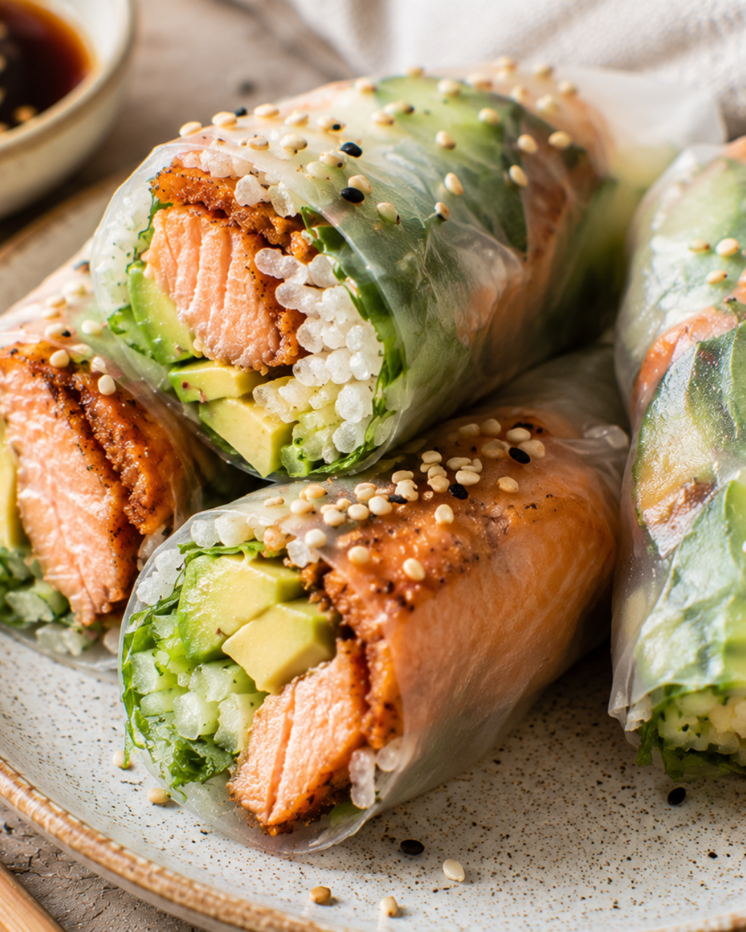 Spring rolls au saumon avec avocat, concombre et riz croustillant.
