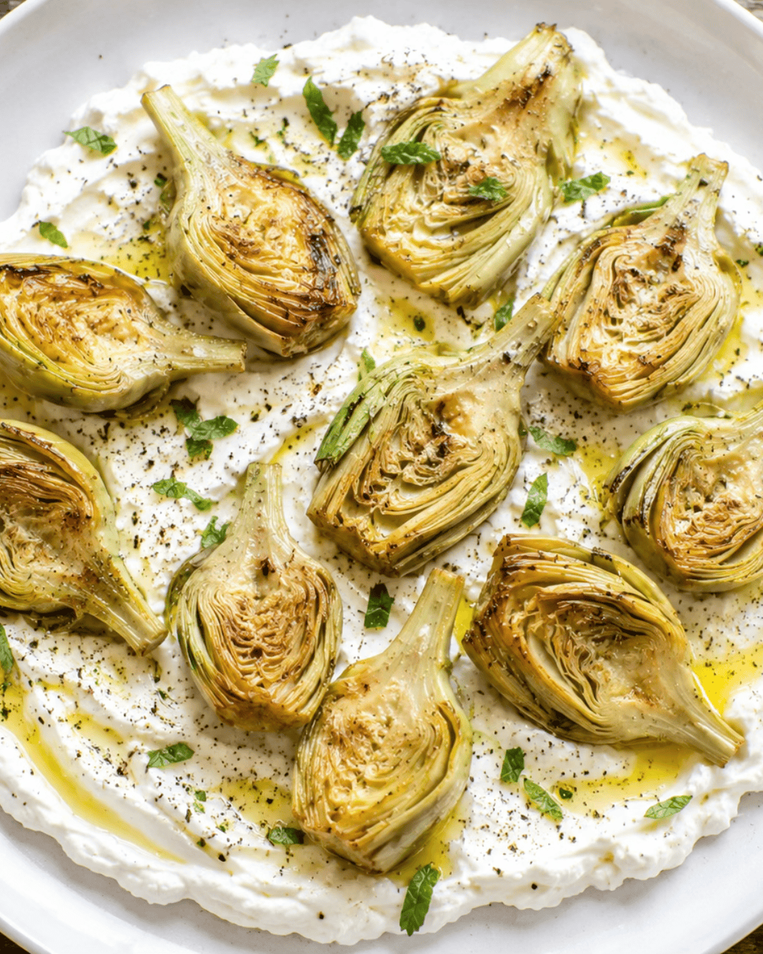 Artichauts rôtis, crème au Saint Morêt et yaourt grec