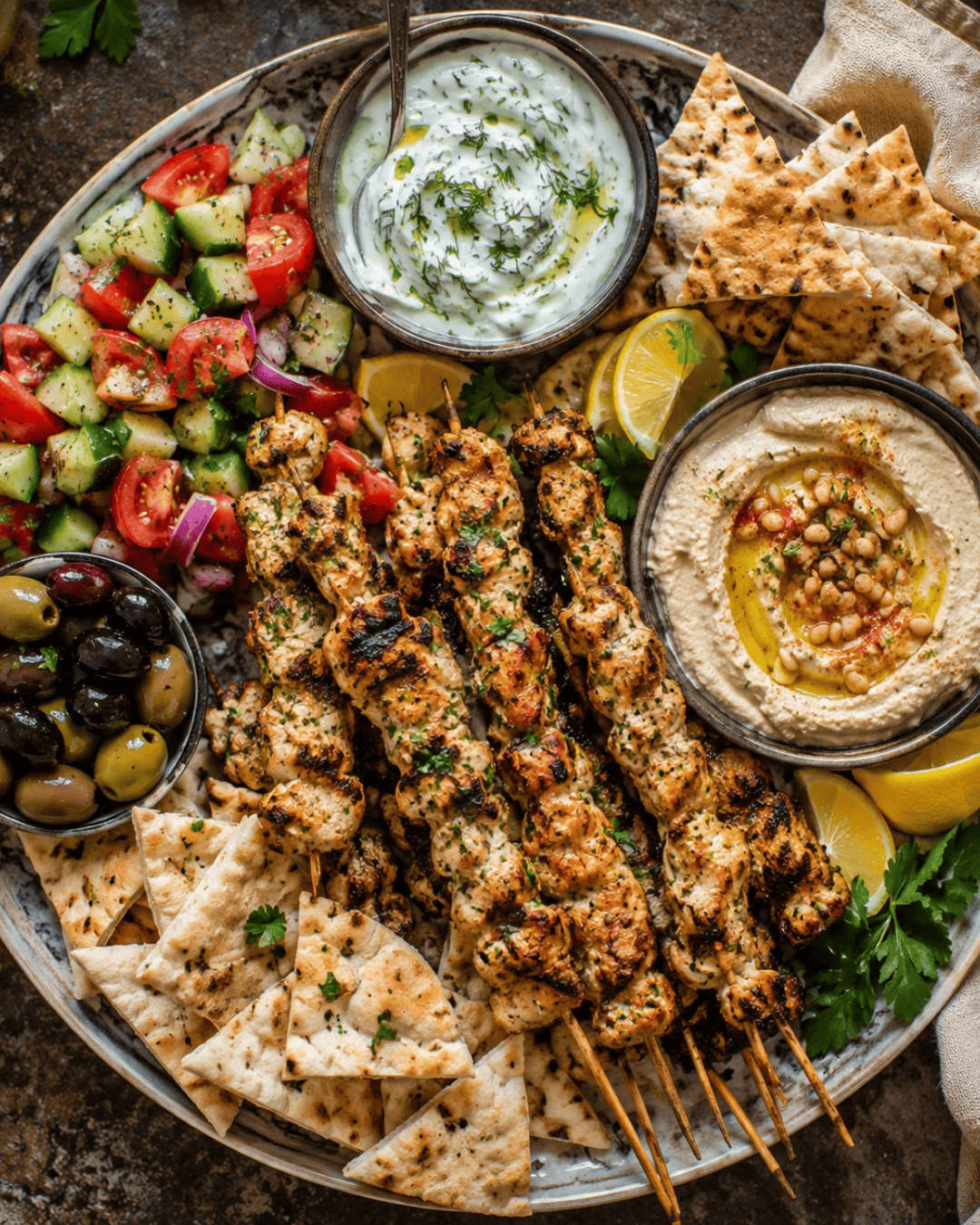 Grand plateau méditérrannéen à partager, brochettes de poulet et sauce fraîches