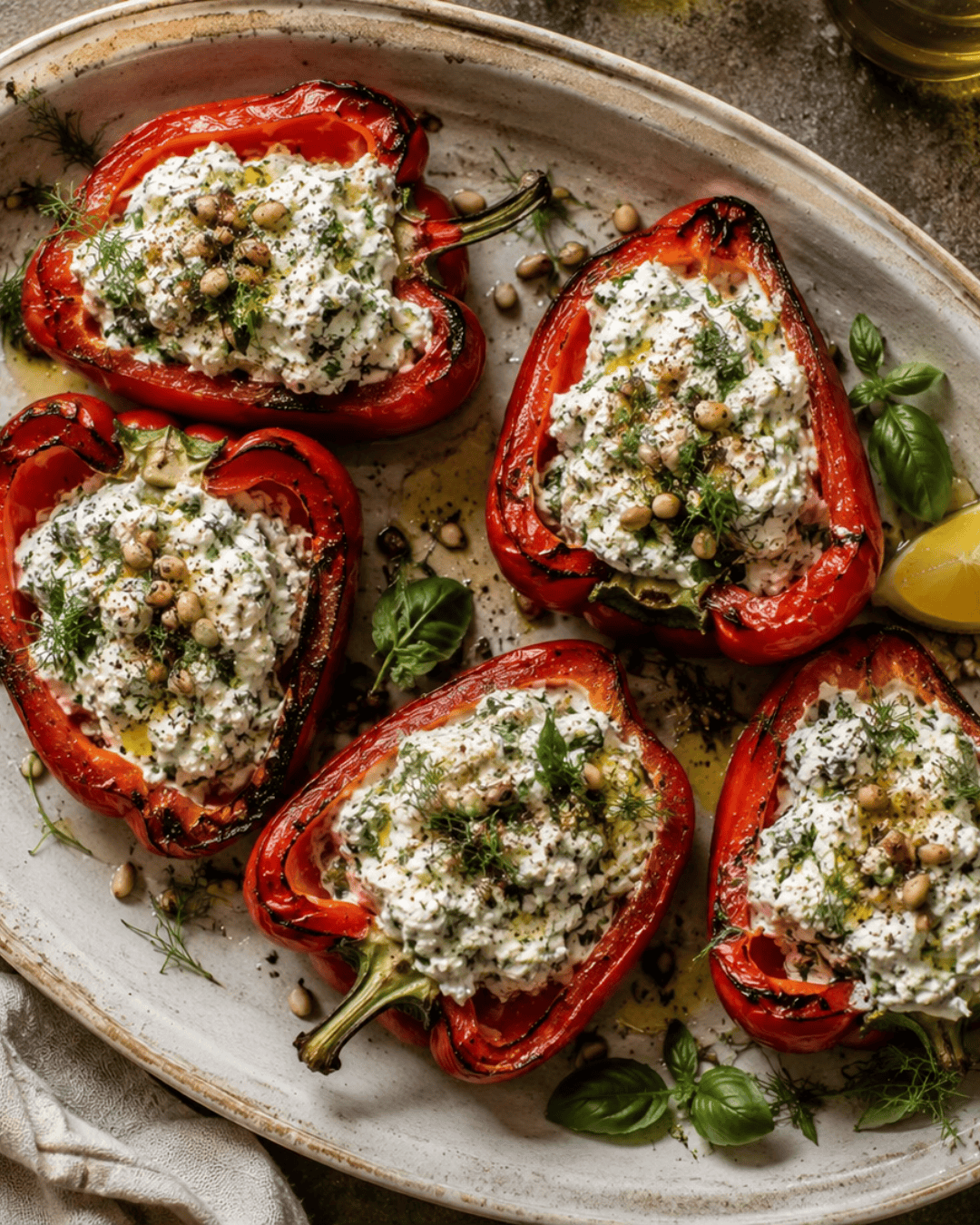 Poivrons rôtis farcis à la feta ricotta et herbes fraîches