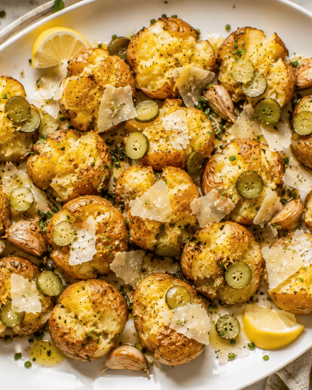Pommes de terre rôties au parmesan, citron et cornichons