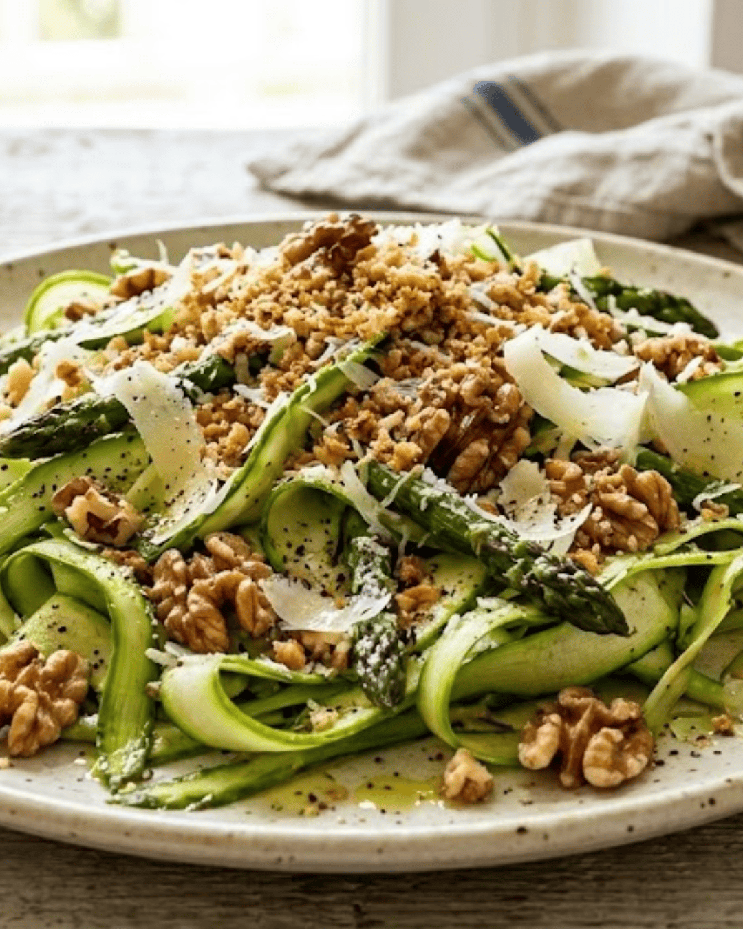 Salade d’asperges vertes et courgettes avec parmesan, noix grillées et citron.