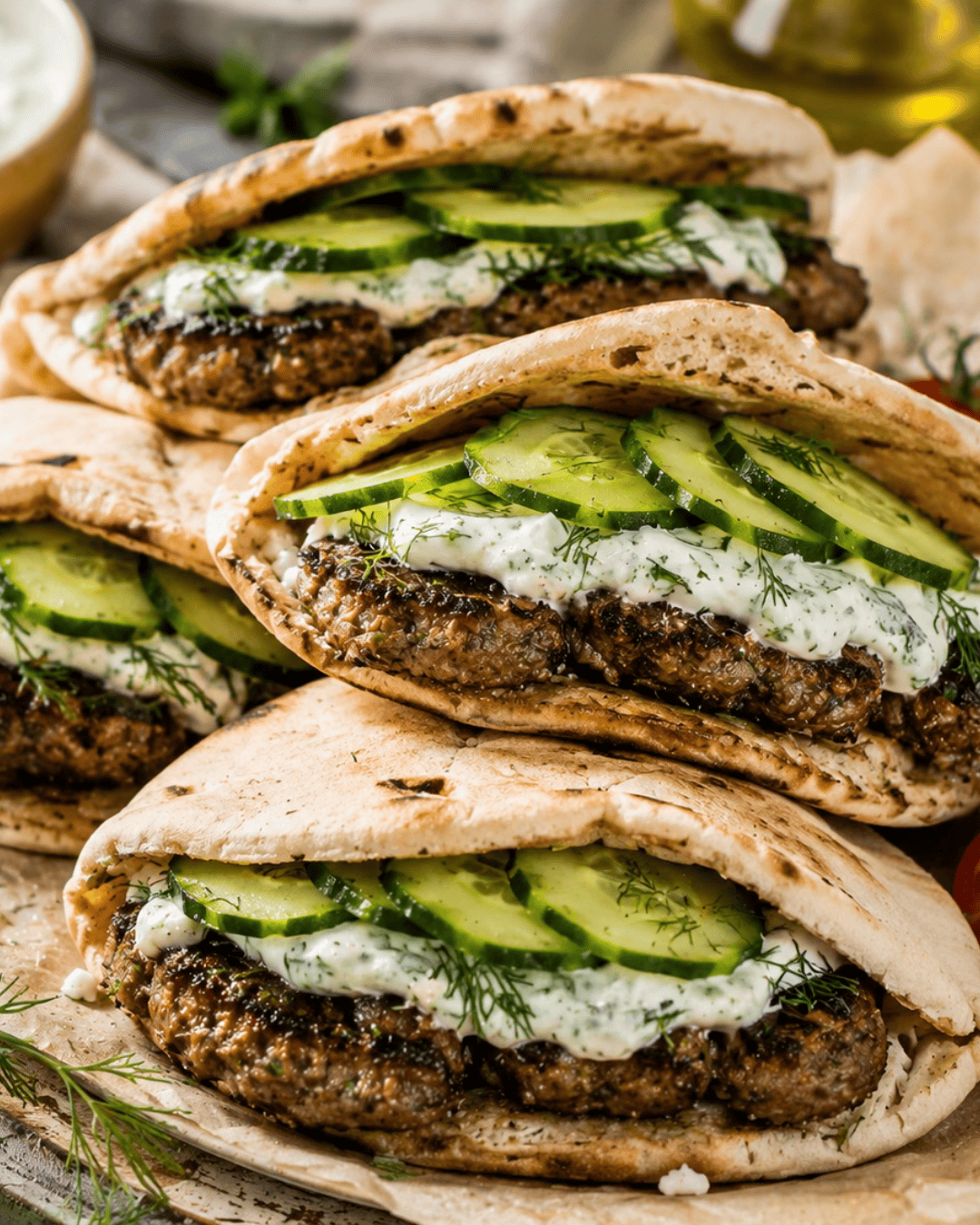 Burger grec au pain pita garni de bœuf grillé, concombre et sauce yaourt aux herbes.