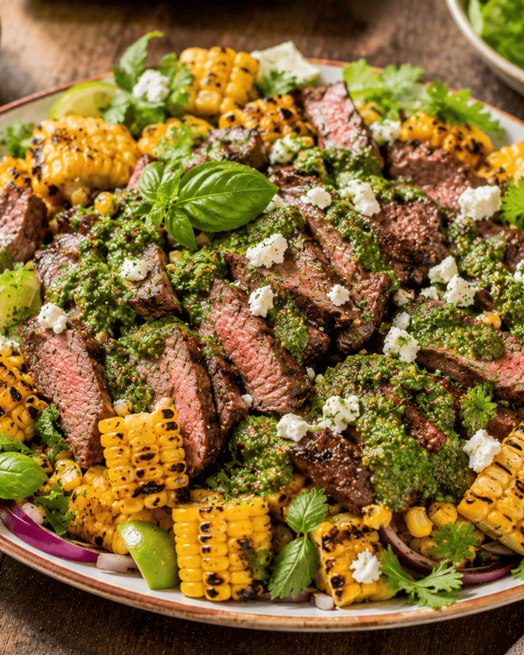 Assiette d’été au maïs grillé, boeuf et sauce verte aux herbes