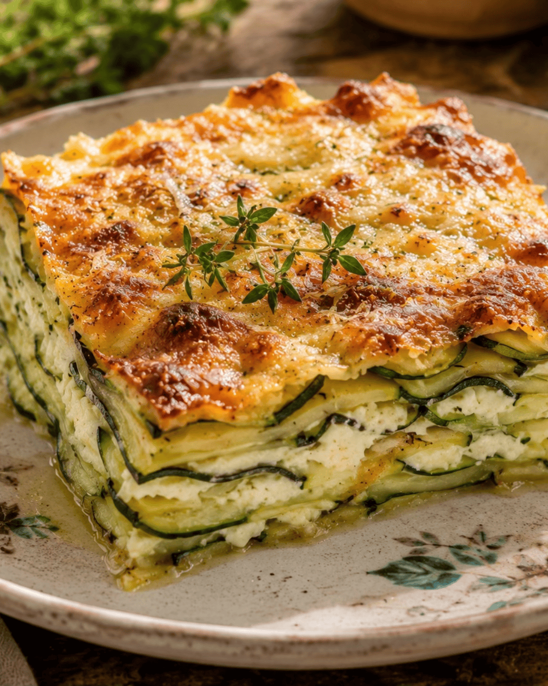 Millefeuille de courgettes gratiné au chèvre frais et parmesan avec couches fondantes de courgettes.