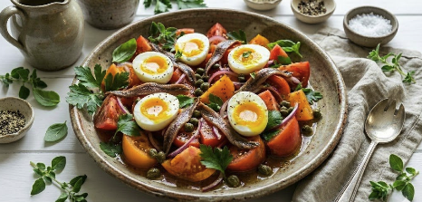Salade de tomates avec œufs mollets, anchois, câpres et oignon rouge.