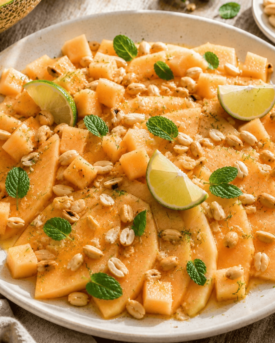 Salade de melon avec agrumes, menthe fraîche et cacahuètes croquantes.