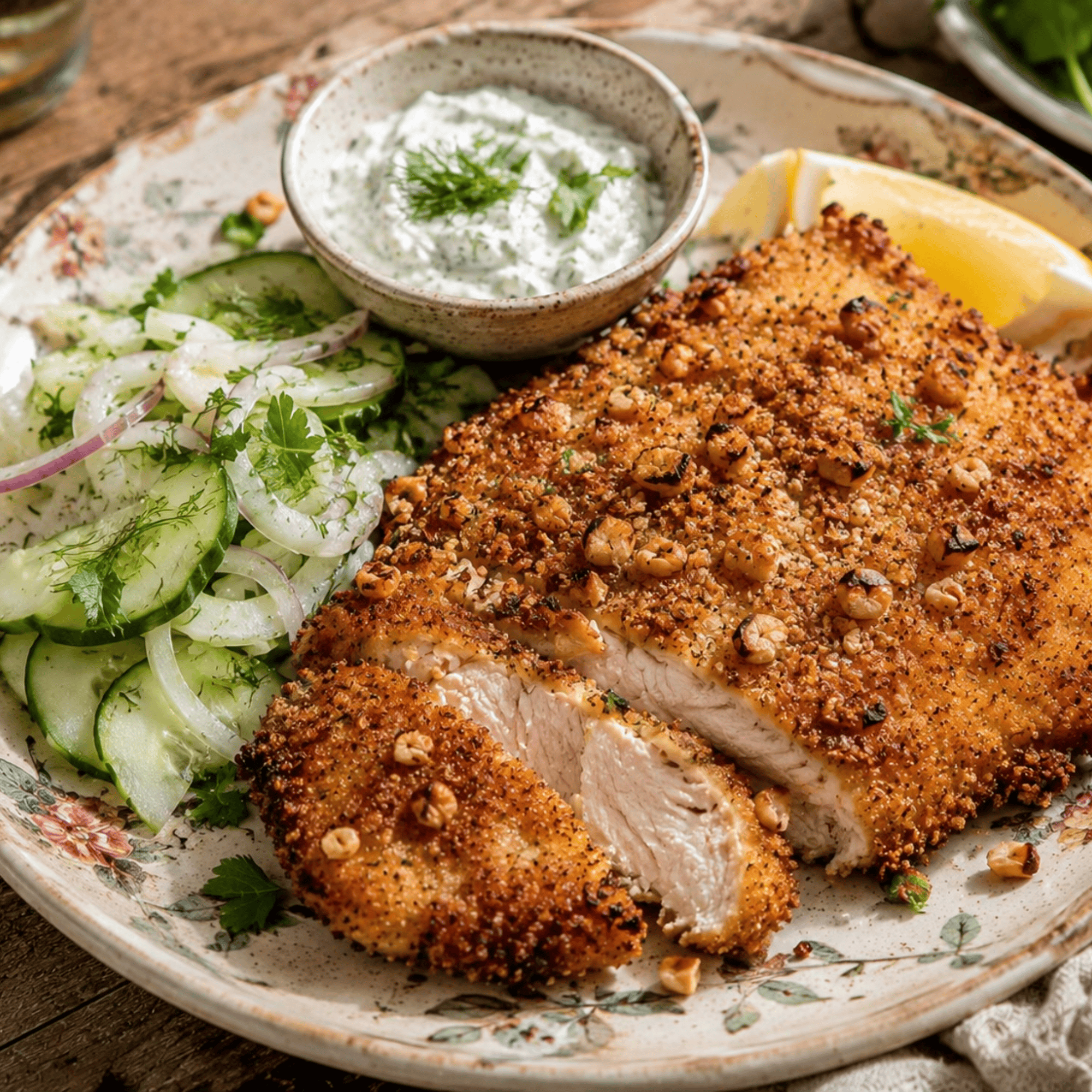 Escalope de poulet croustillante aux noisettes servie avec salade de fenouil et sauce yaourt citronnée.