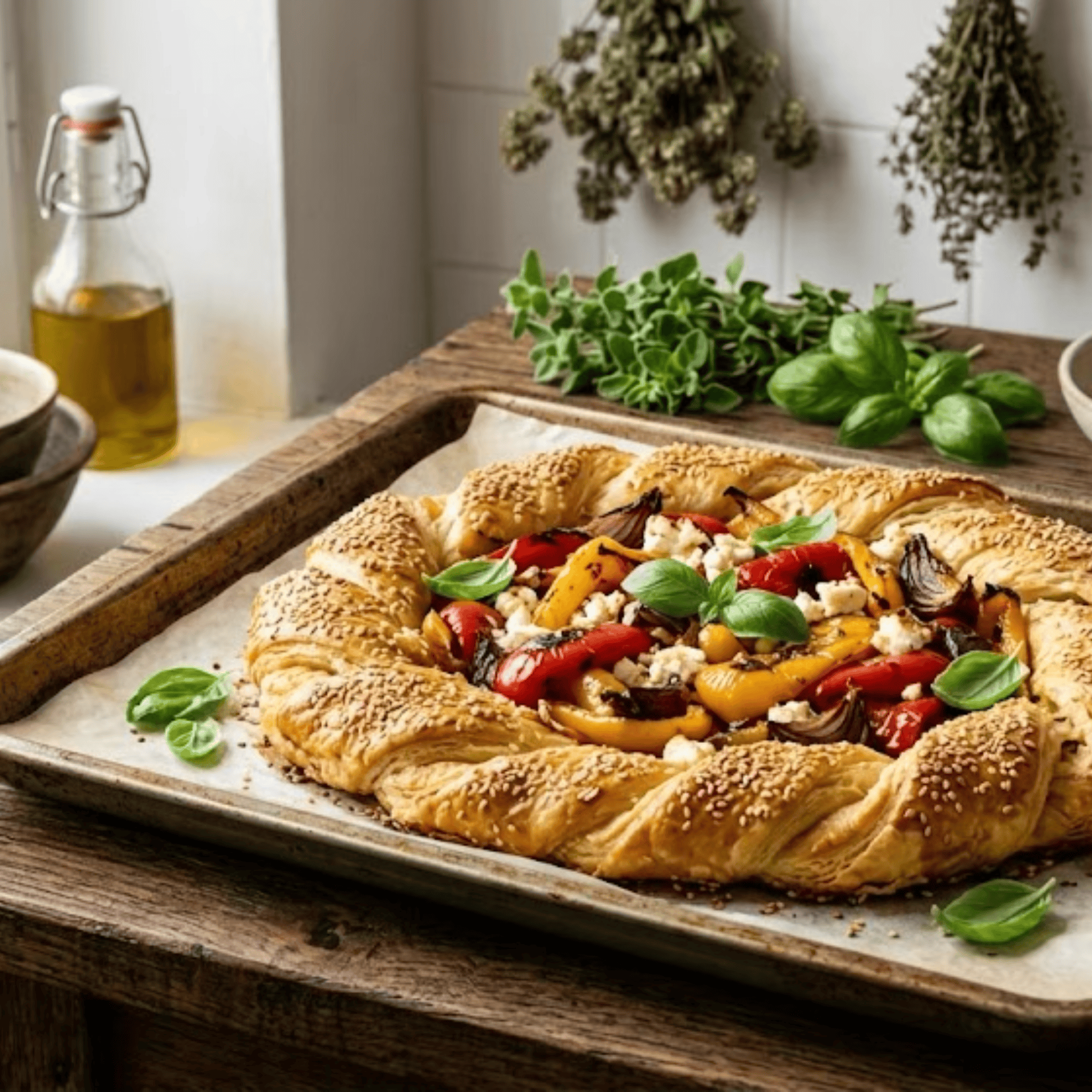 Couronne feuilletée garnie de poivrons rôtis, feta et basilic frais sur une table méditerranéenne.