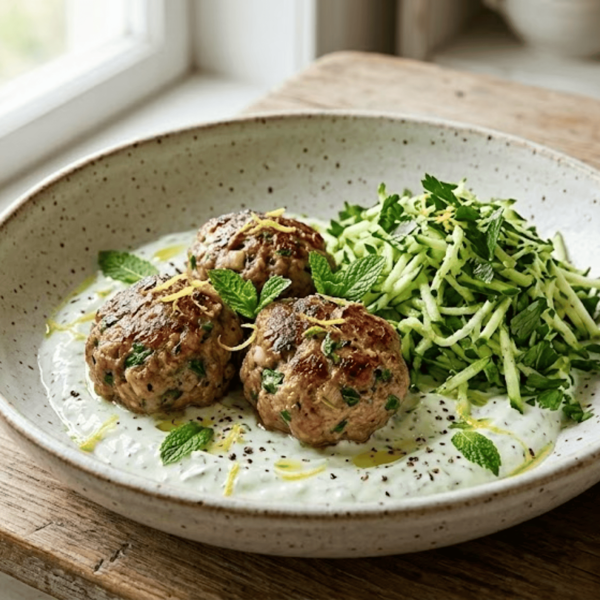 Boulettes de bœuf parfumées servies avec salade de courgettes crues et sauce yaourt à la menthe.