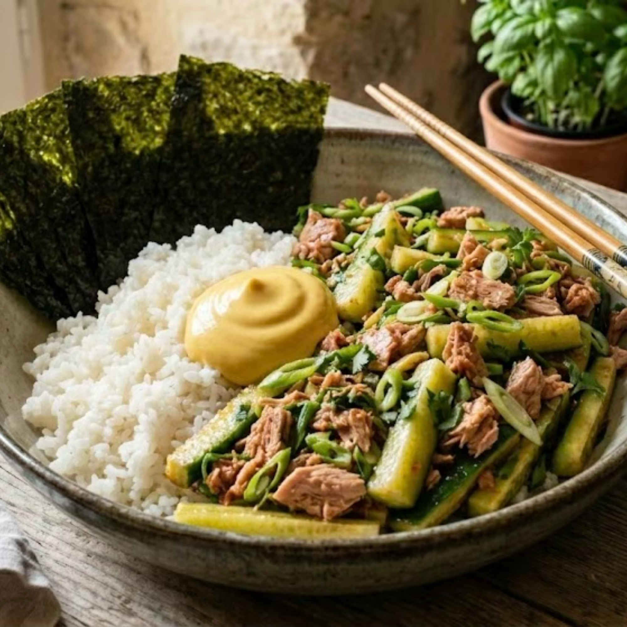Wraps de nori garnis de thon, concombre croquant et riz servis à partager.
