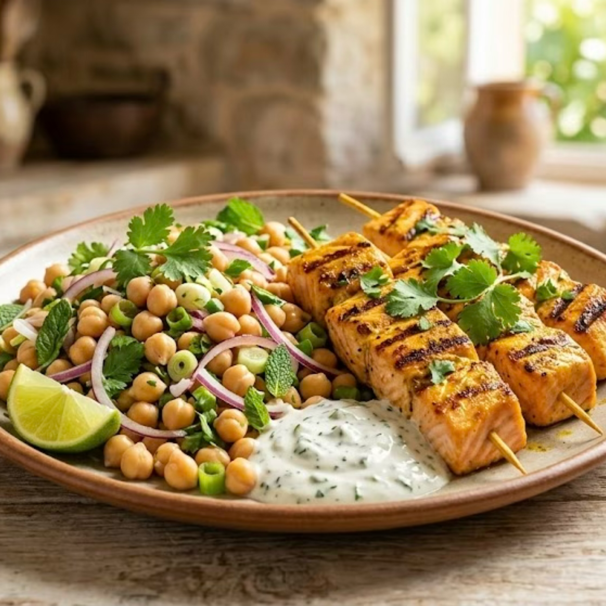 Brochettes de saumon au curry servies avec salade de pois chiches aux herbes et crème coco citron vert.