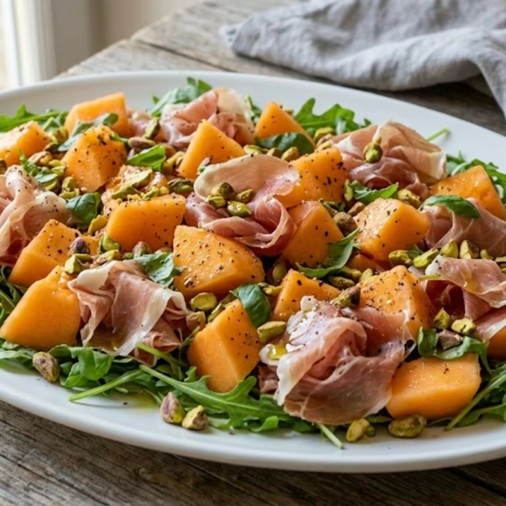 Salade de melon charentais, jambon cru, roquette et pistaches servie sur un grand plat à partager.