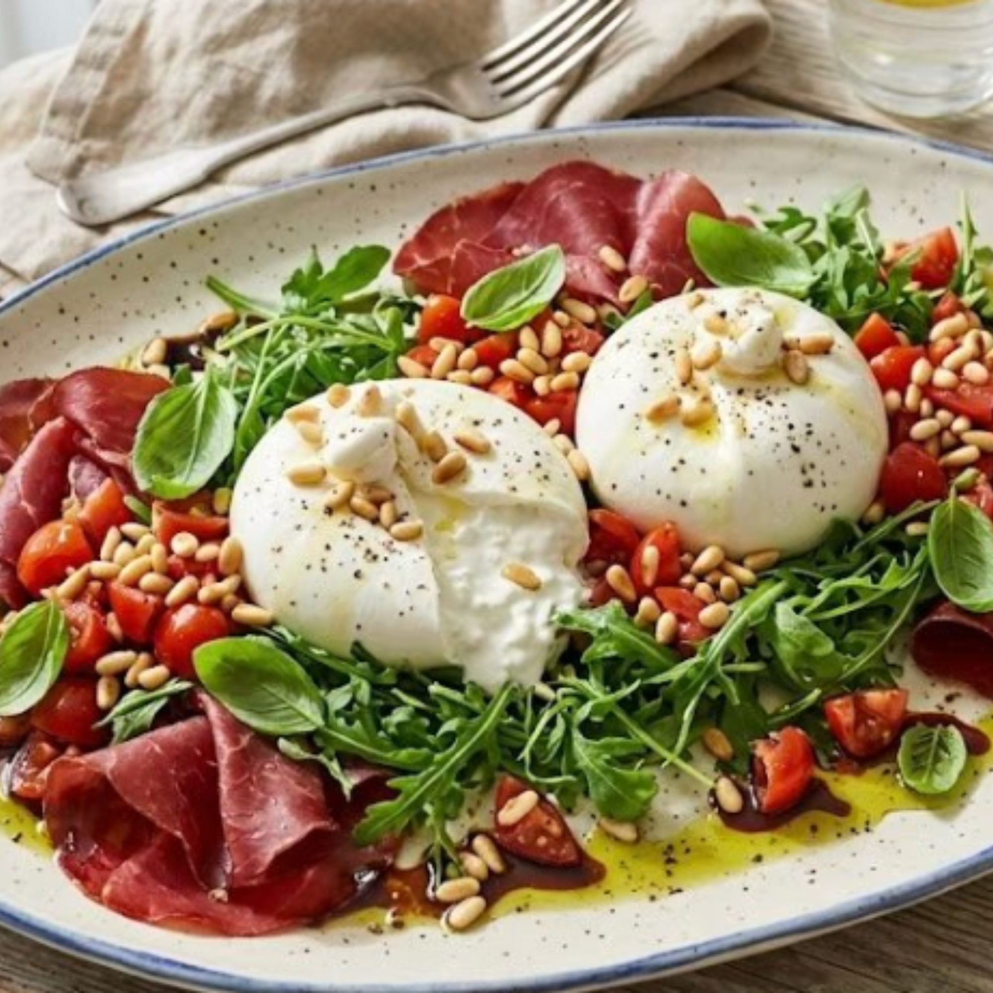 Grande assiette burrata, viande des grisons &amp; pignons grillés