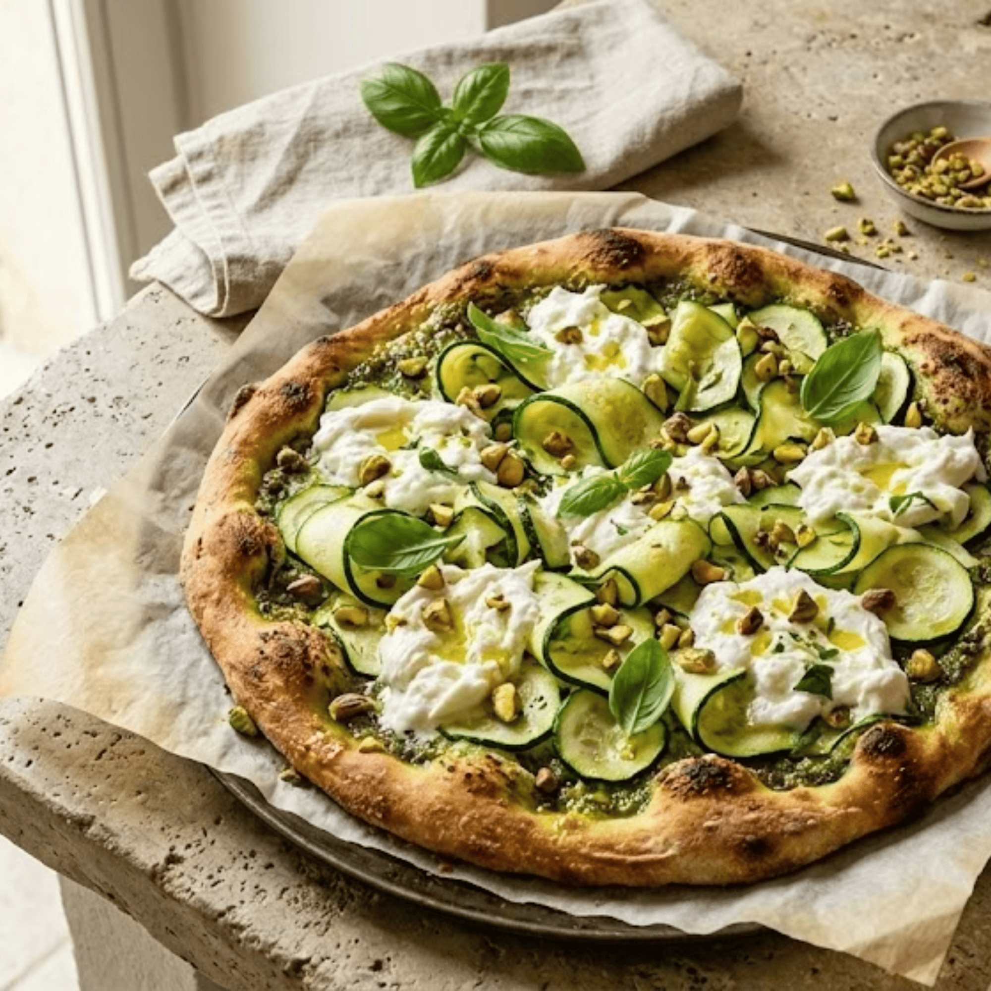 Pizza aux courgettes, pesto et burrata garnie de pistaches concassées et basilic frais.