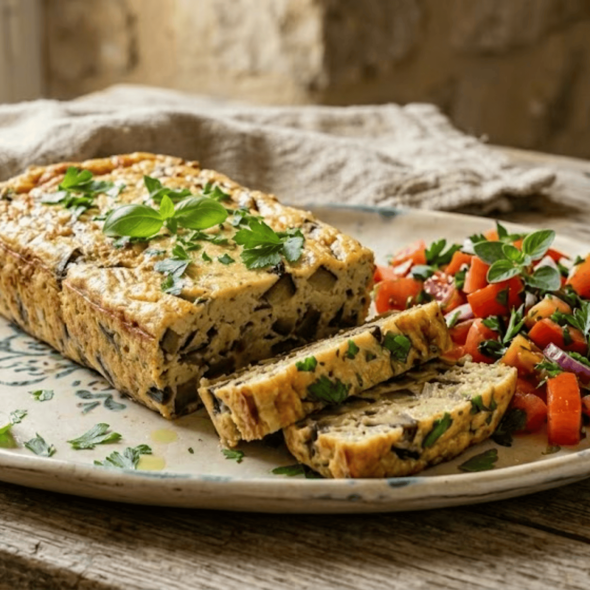 Flan d’aubergines aux herbes fraîches servi avec une salade de tomates au persil.