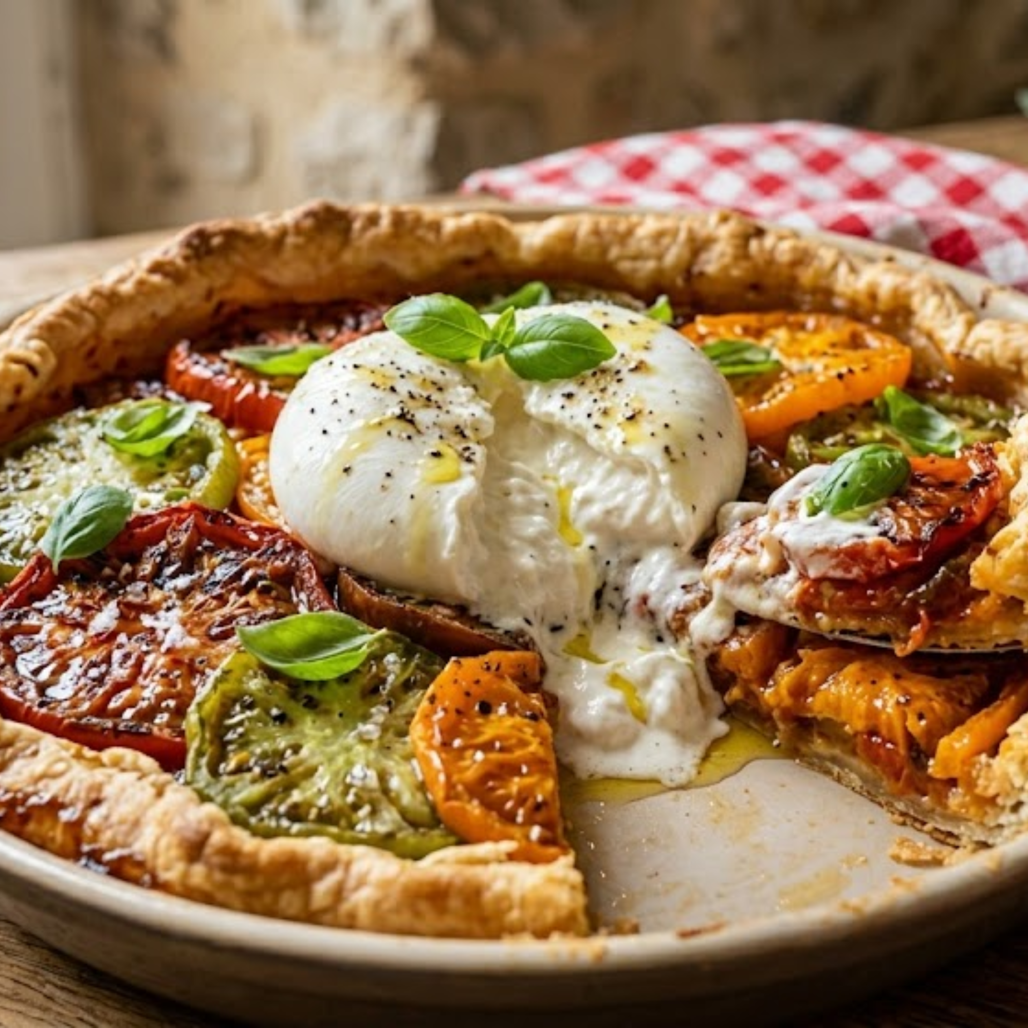 Tarte rustique tomates anciennes, oignons rouges et burrata ( sans gluten)