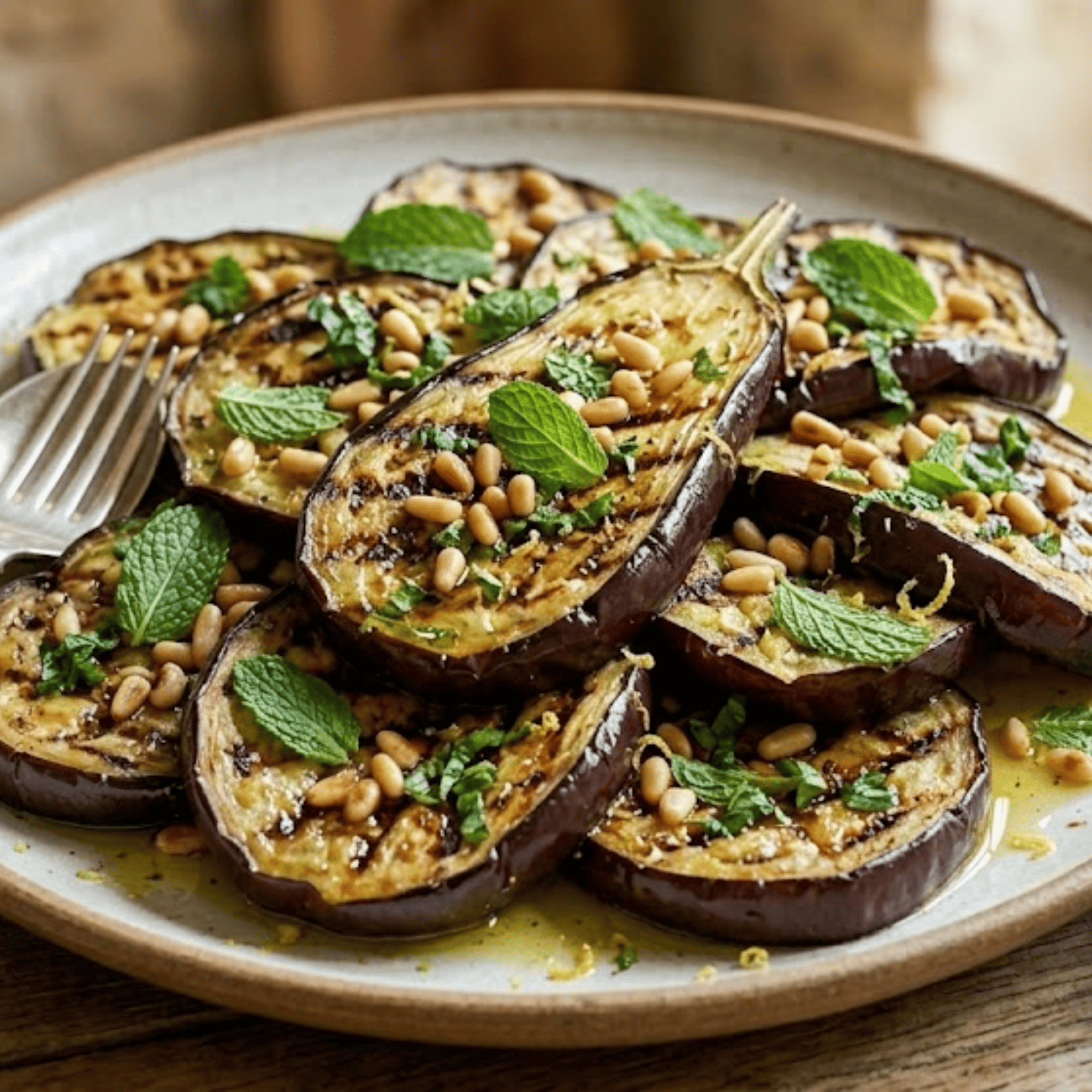 Aubergines grillées à la menthe, citron et pignons torréfiés