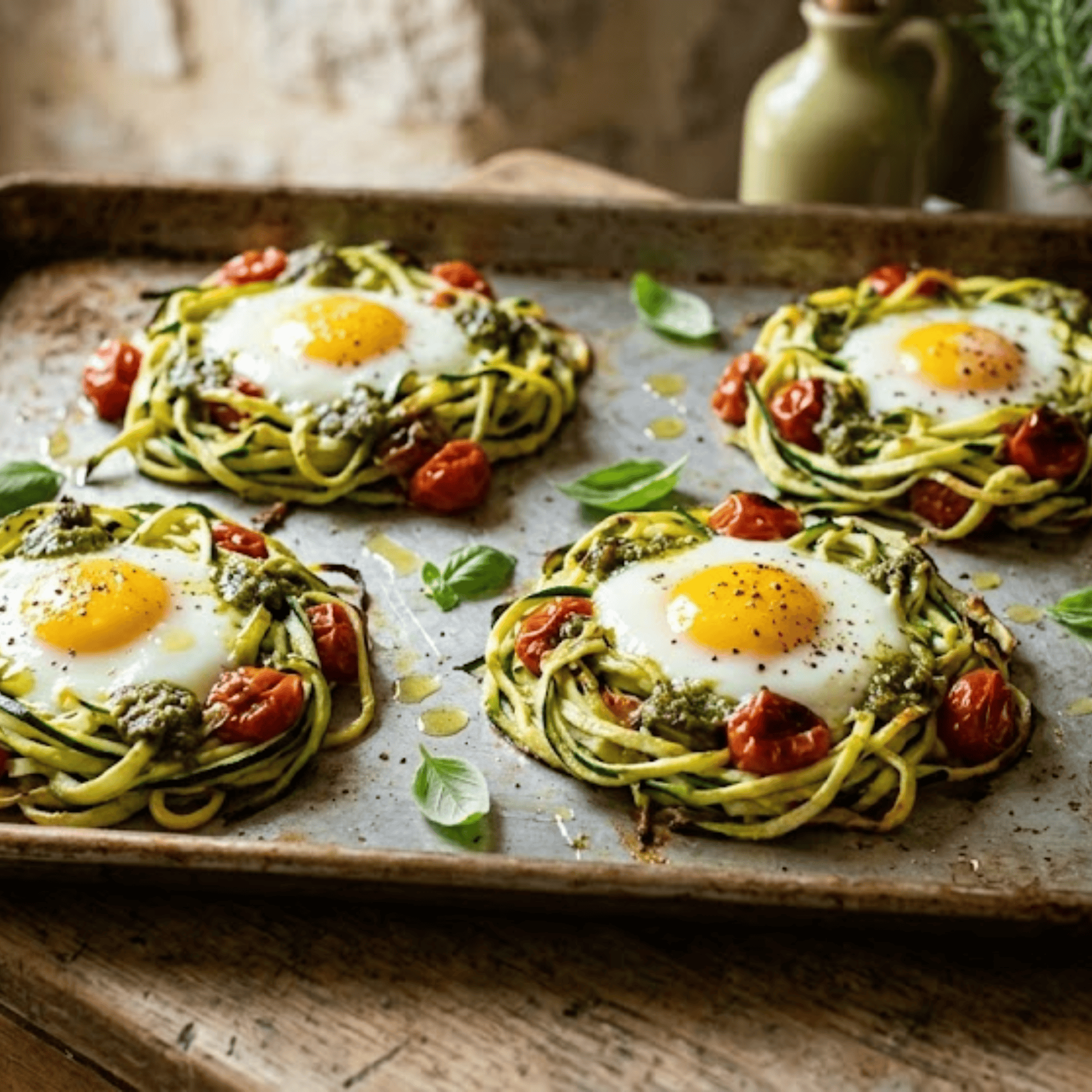 Nids de courgettes au pesto avec œufs au four, tomates cerises rôties et basilic frais.