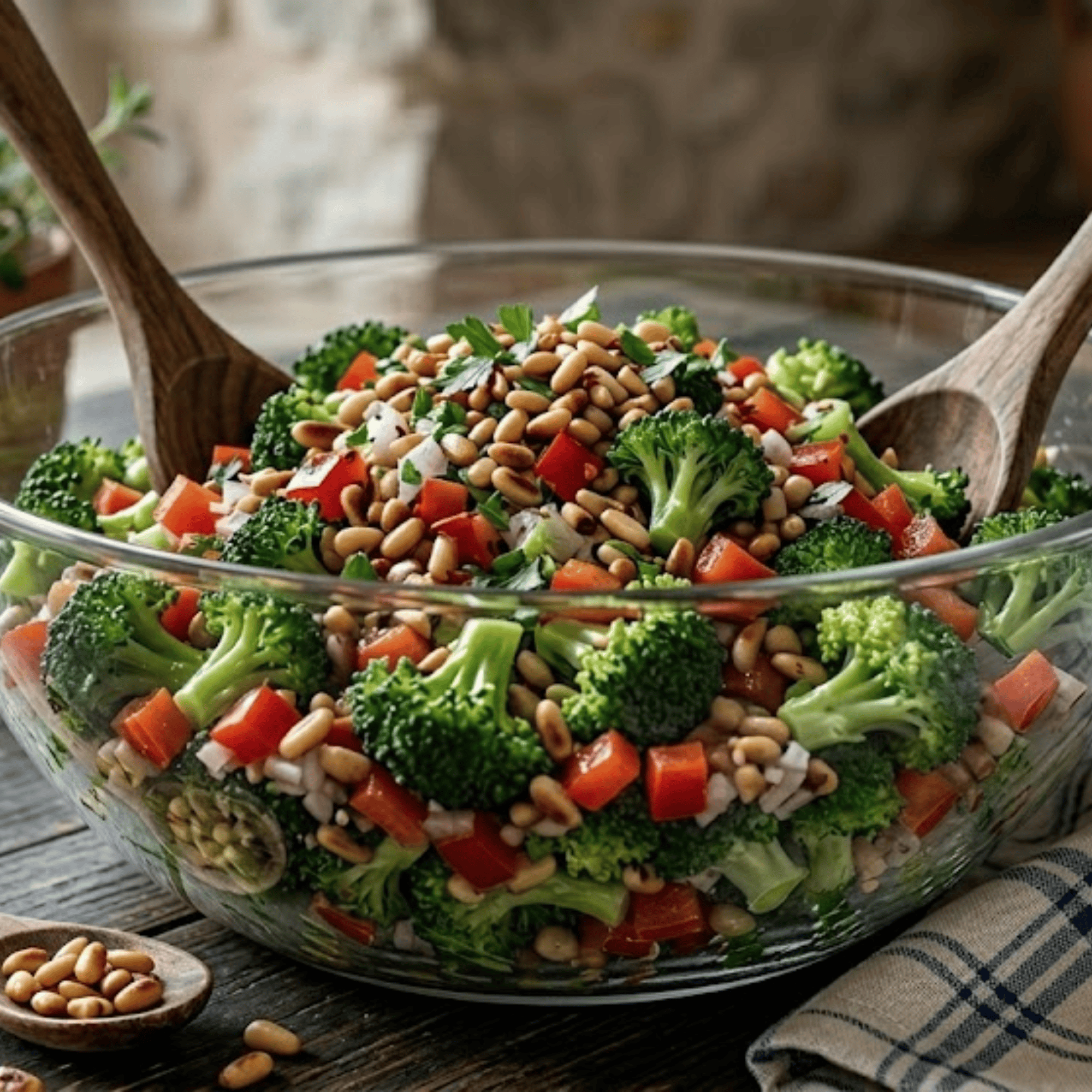 Salade de brocoli poivron rouge et pignons grillés