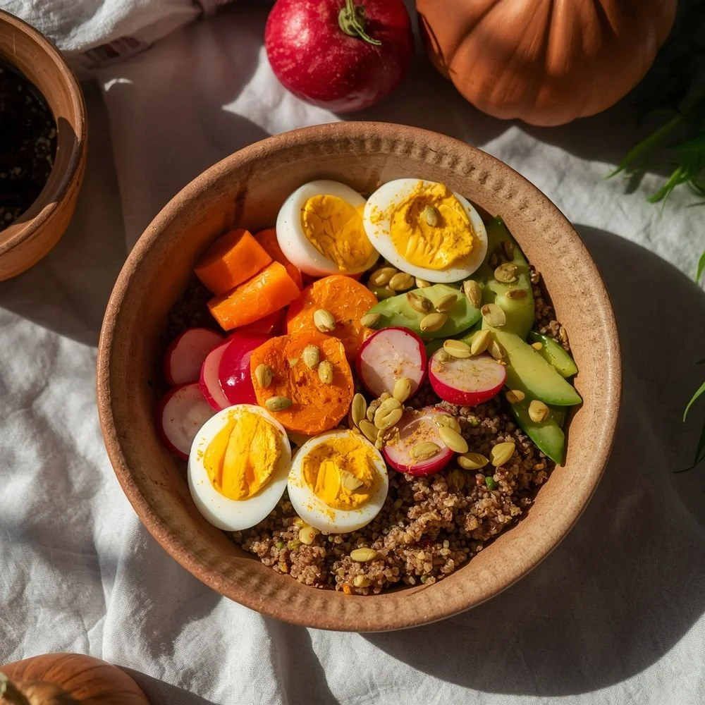 Bol de quinoa et légumes croquants, sauce au yaourt et curcuma