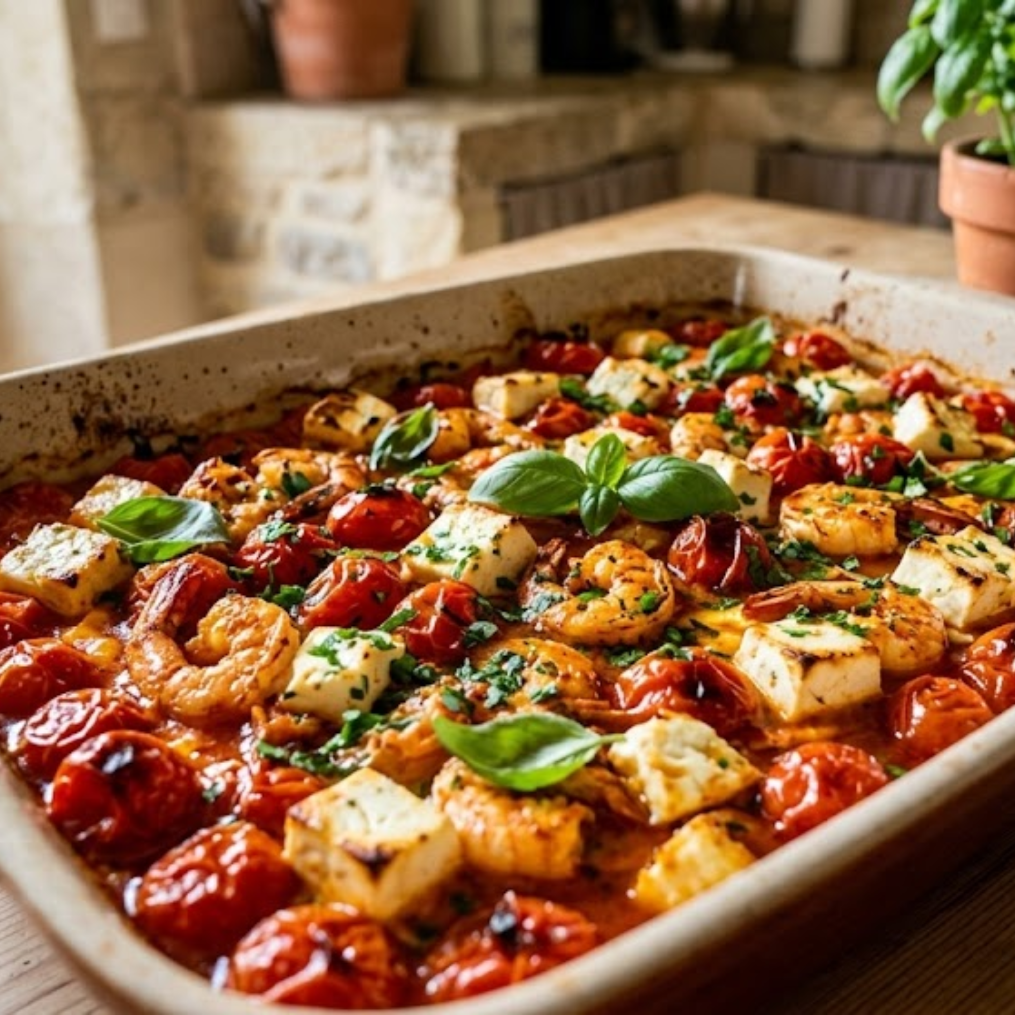 Crevettes rôties tomates cerises et feta 